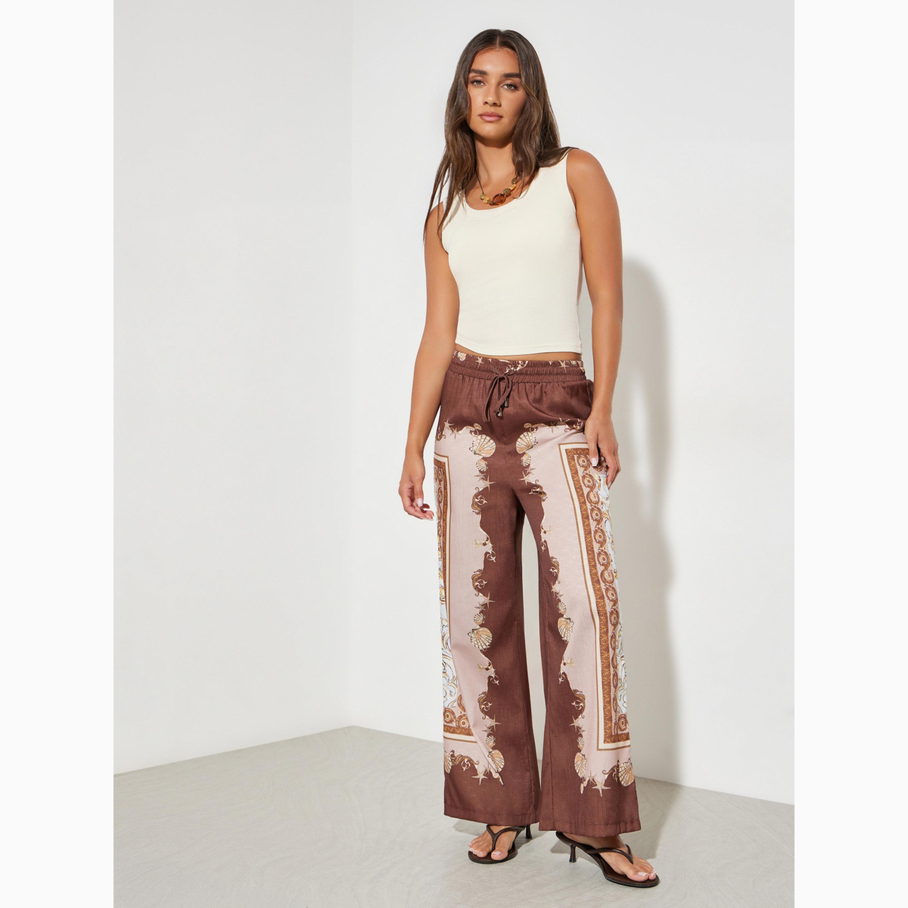 بنطال بأرجل واسعة ونقشة سكارف بني-women-clothing-bottoms-joggers-image-2