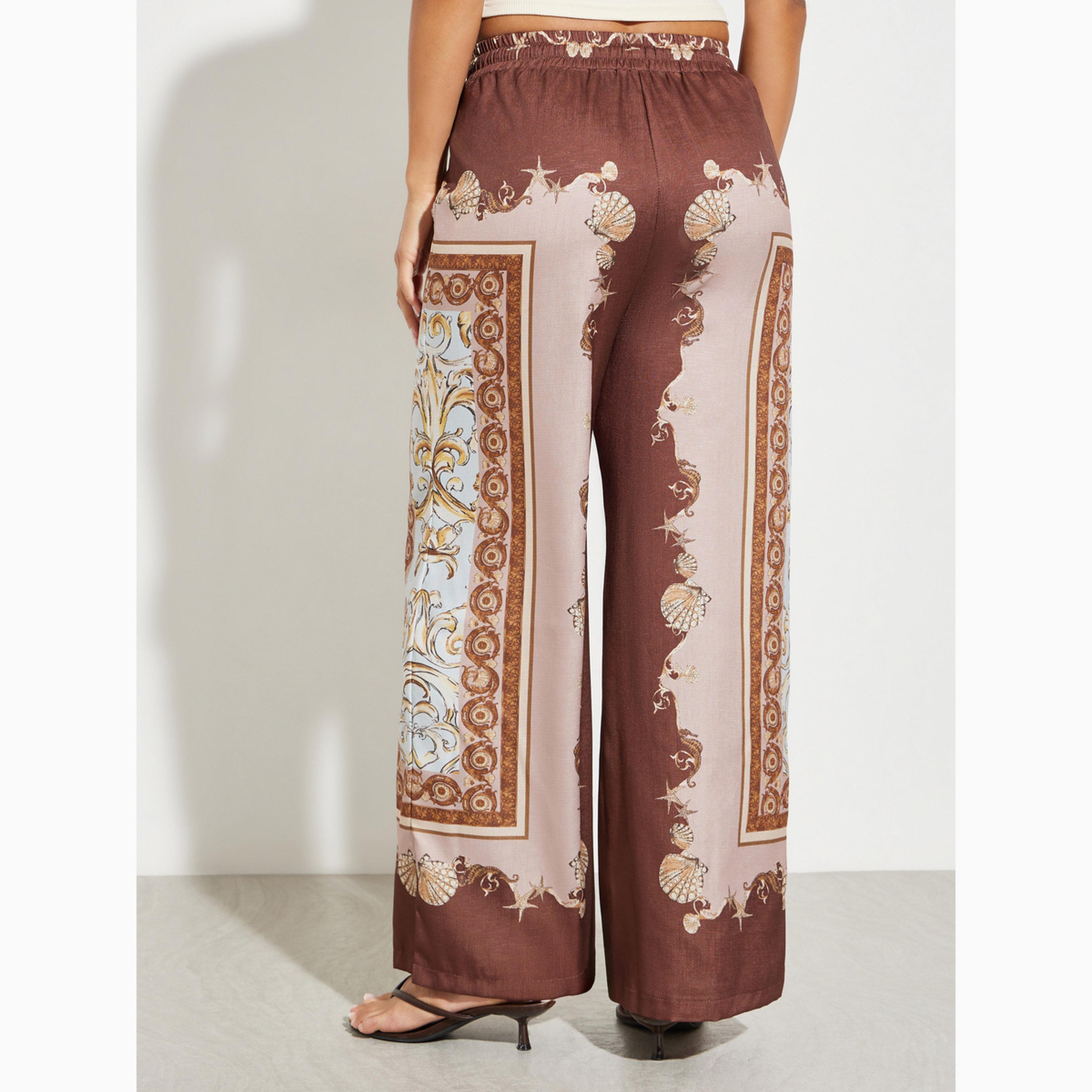 بنطال بأرجل واسعة ونقشة سكارف بني-women-clothing-bottoms-joggers-image-4
