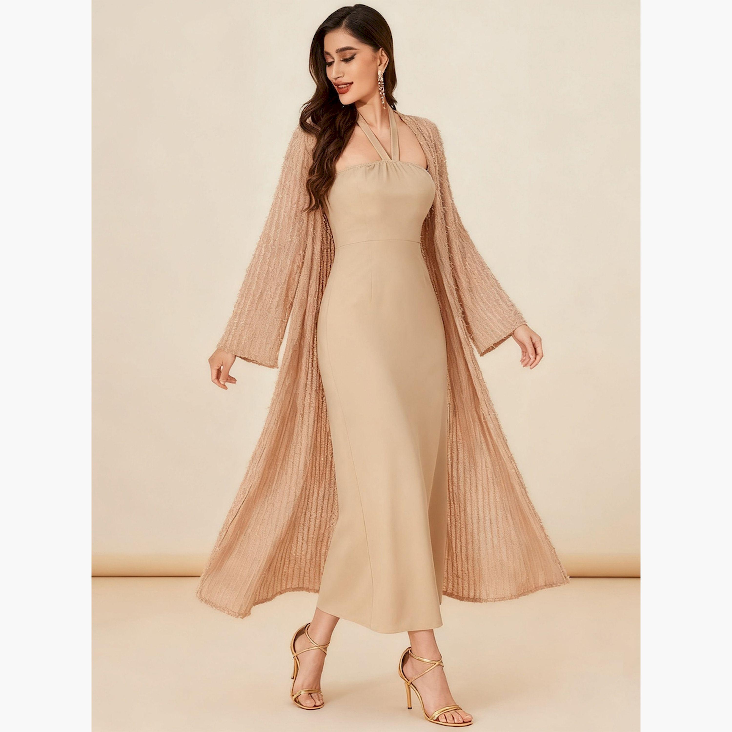 طقم كارديجان بيج مع فستان طويل برباط حول الرقبة-women-clothing-coordsets-image-1