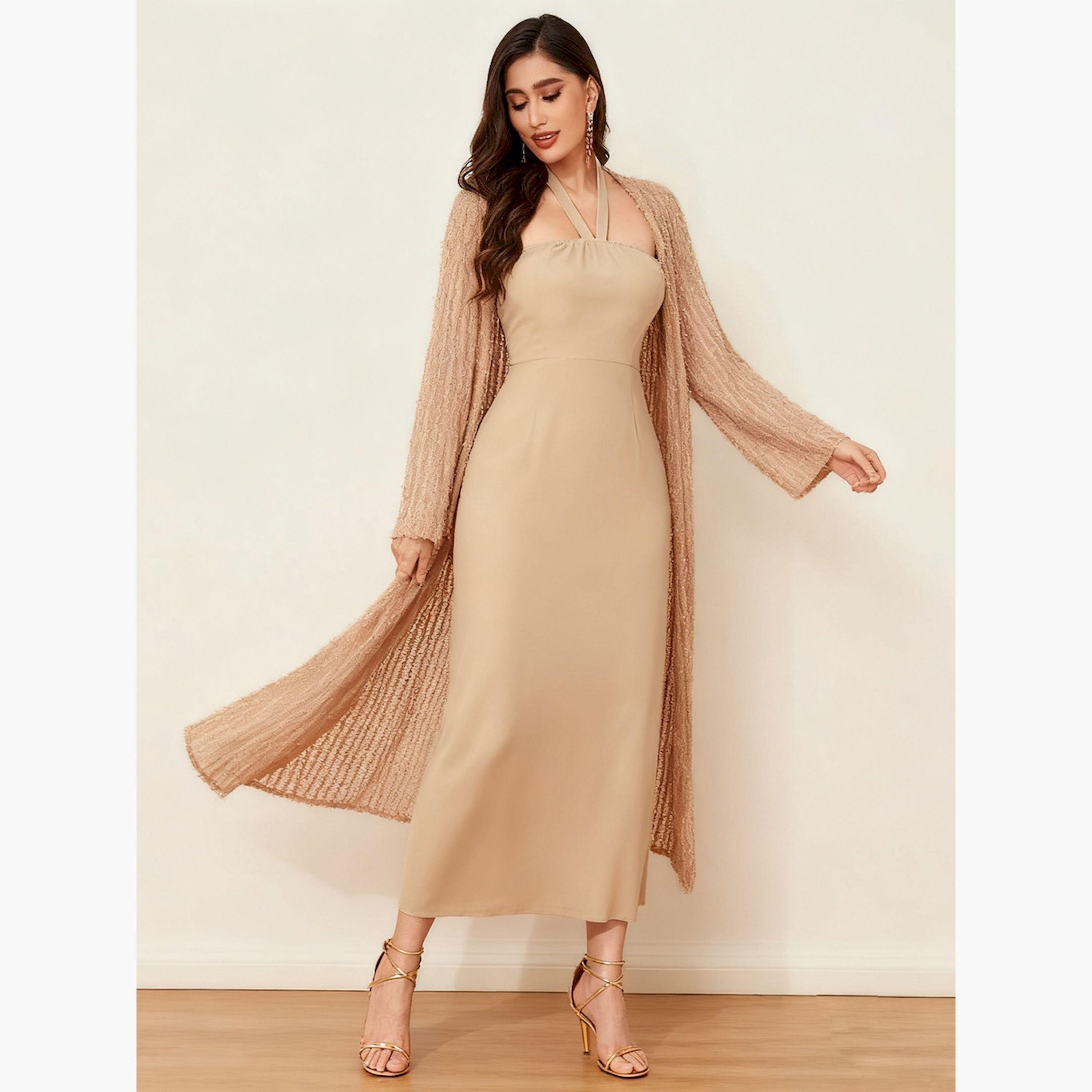 Take Two X Styli Beige Texture Open Front Cardigan and Halter Neck Maxi Dress Co-Ords-women-clothing-coordsets-image-2