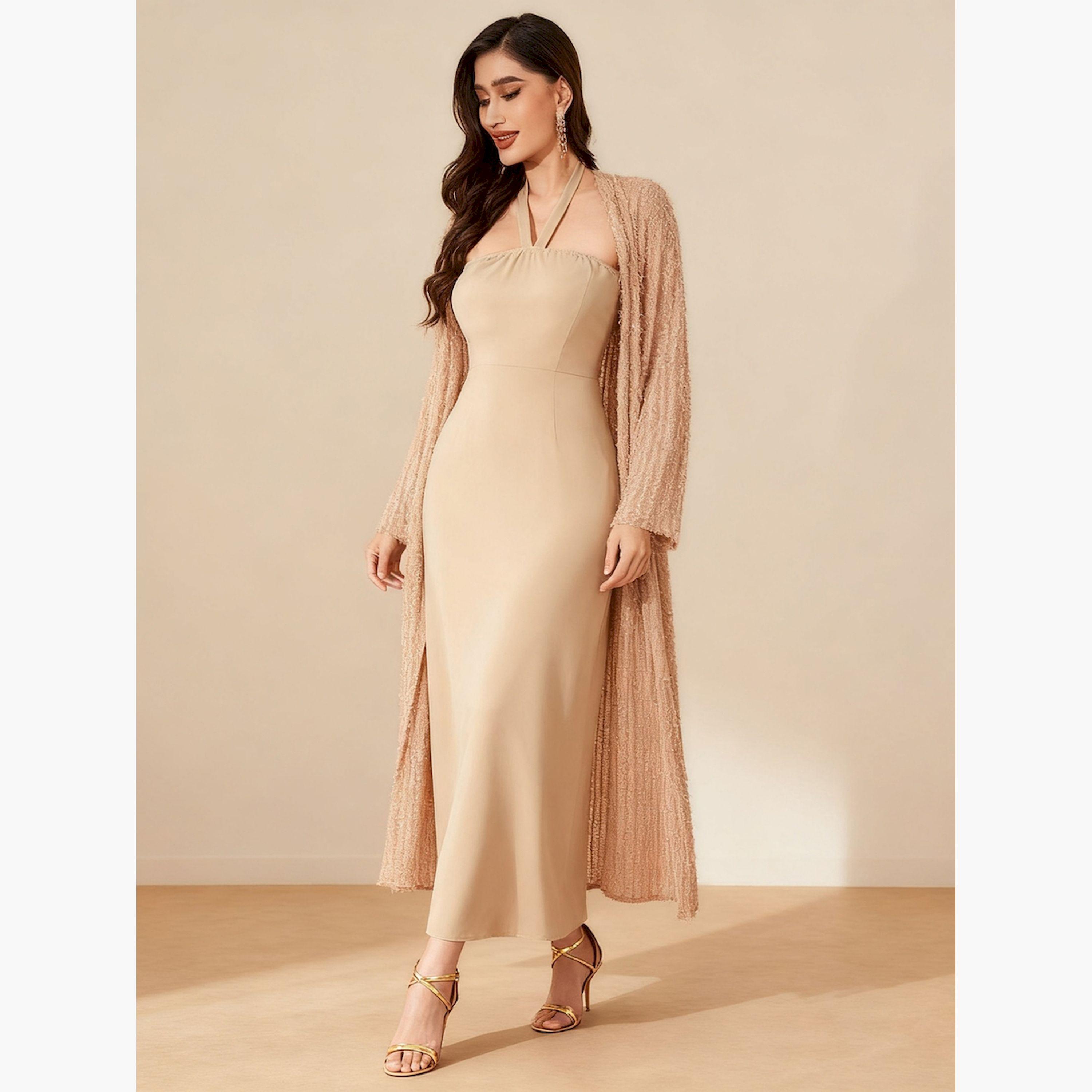 Take Two X Styli Beige Texture Open Front Cardigan and Halter Neck Maxi Dress Co-Ords-women-clothing-coordsets-image-3