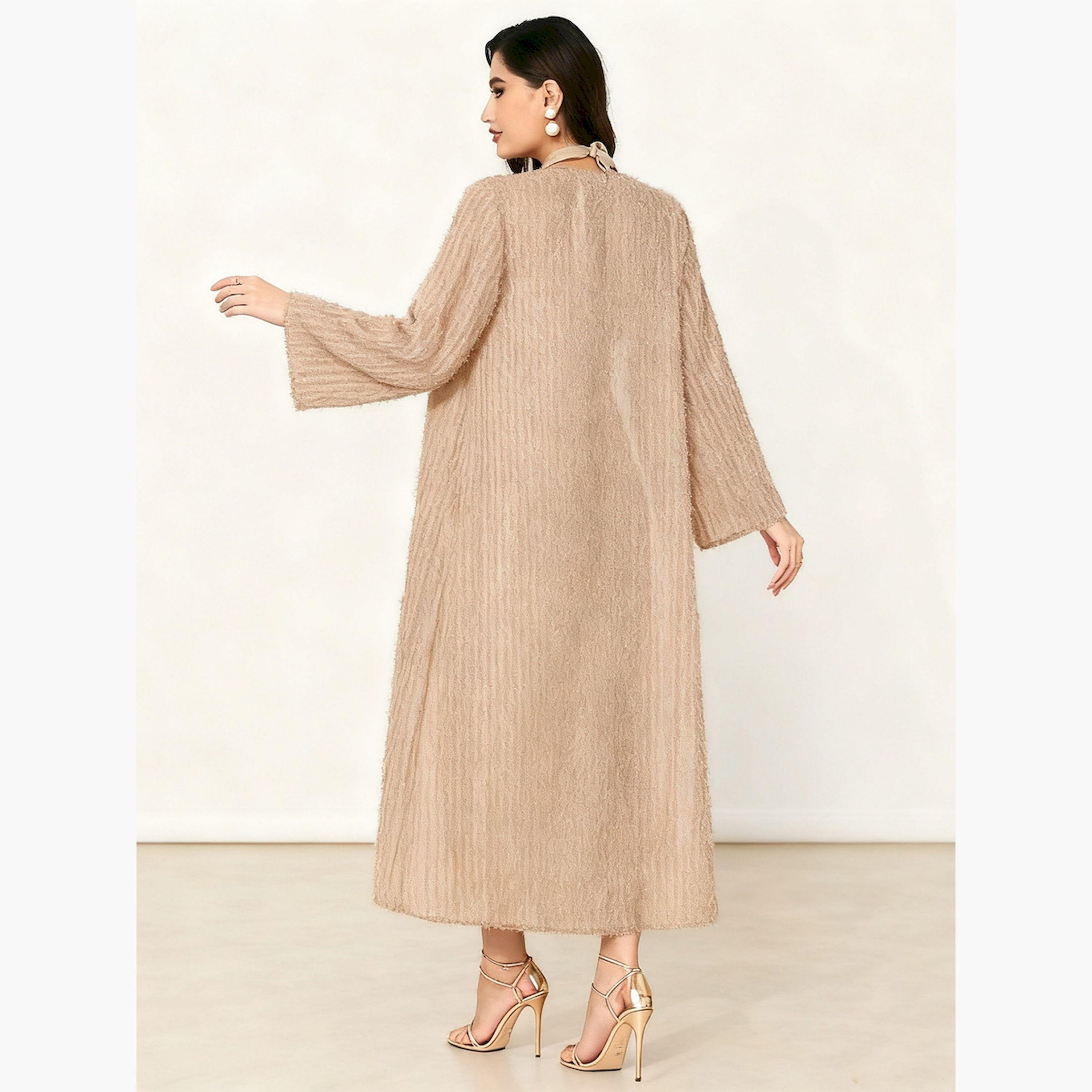 طقم كارديجان بيج مع فستان طويل برباط حول الرقبة-women-clothing-coordsets-image-4