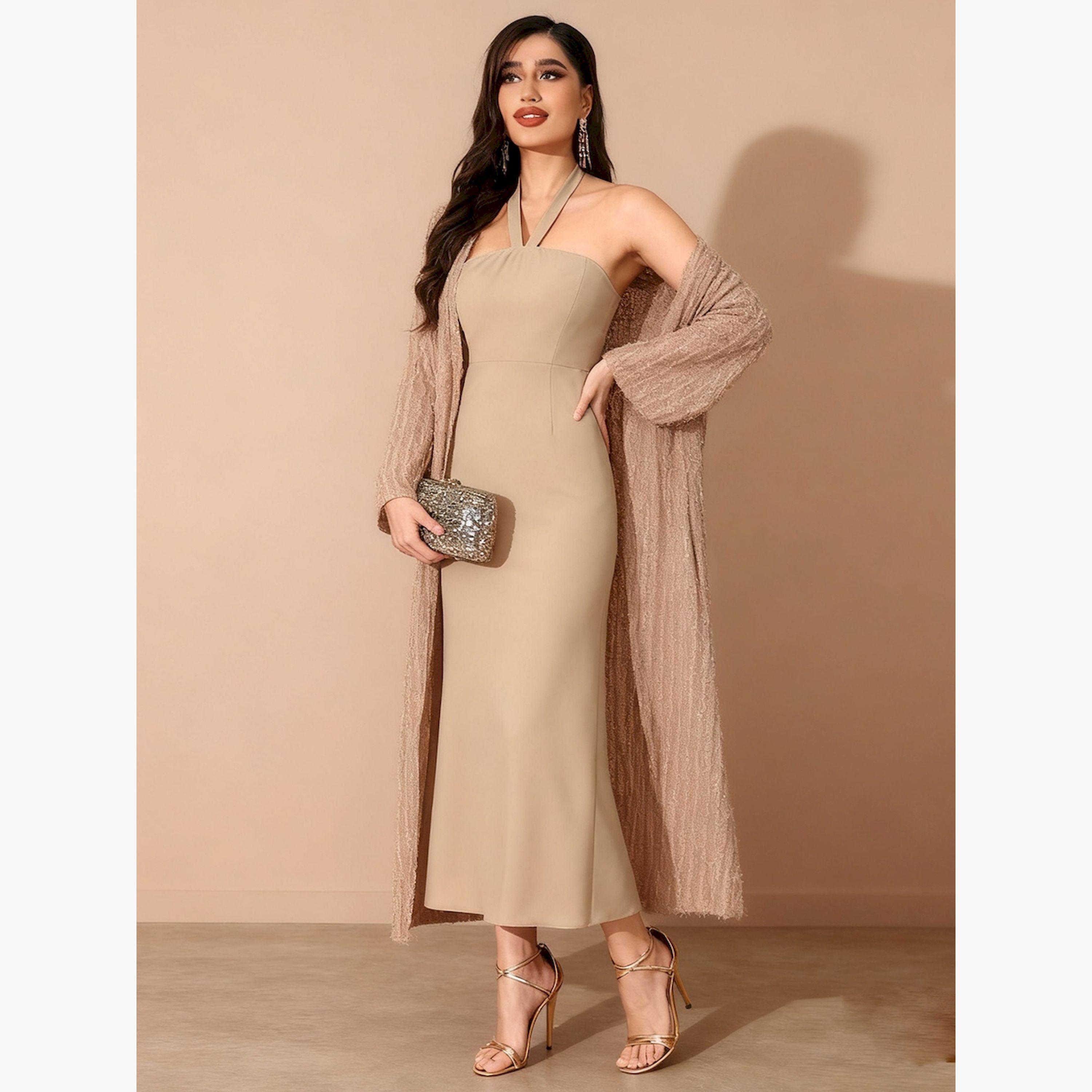 Take Two X Styli Beige Texture Open Front Cardigan and Halter Neck Maxi Dress Co-Ords-women-clothing-coordsets-image-5