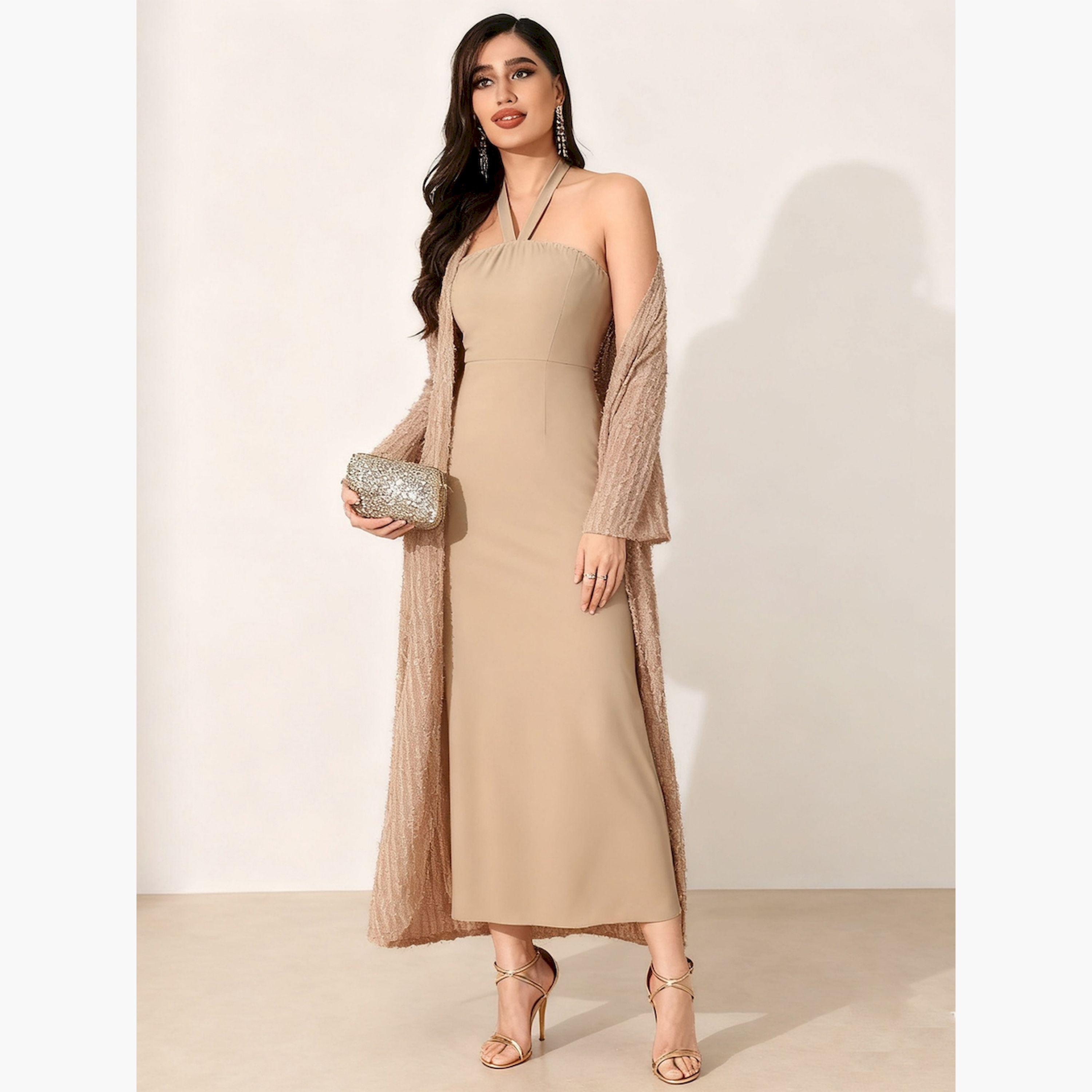 Take Two X Styli Beige Texture Open Front Cardigan and Halter Neck Maxi Dress Co-Ords-women-clothing-coordsets-image-6