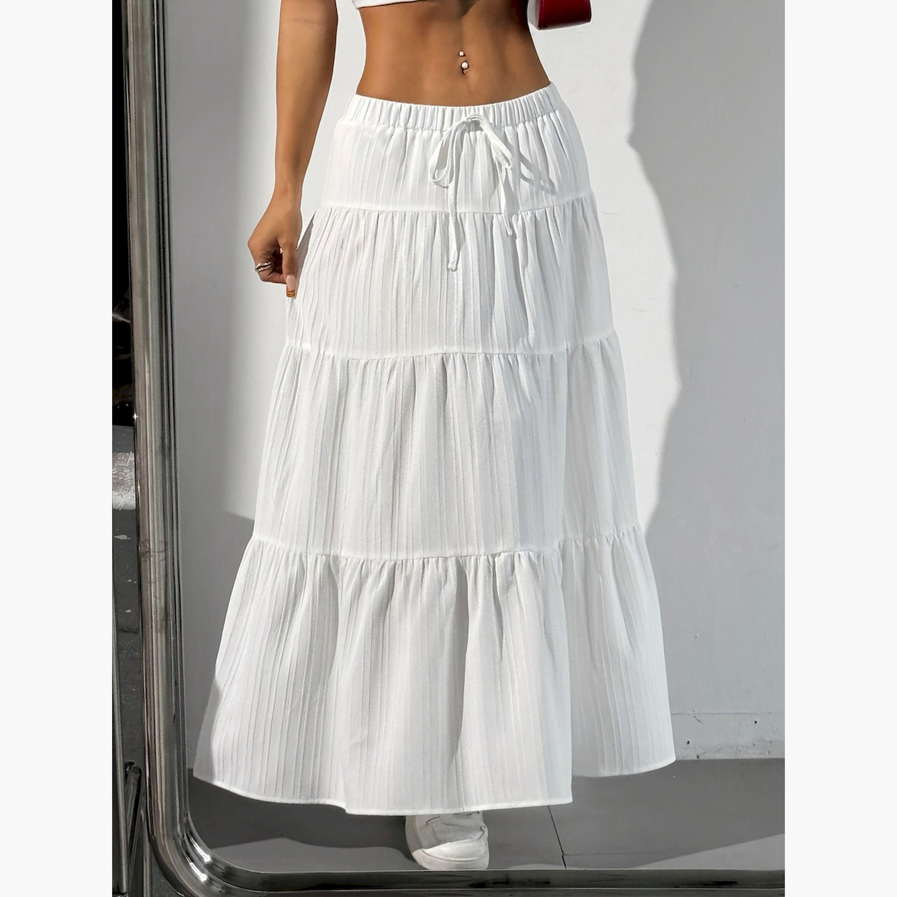تنورة طويلة بيضاء بارزة الملمس بخصر منخفض وطبقات-women-clothing-bottoms-skirts-image-2