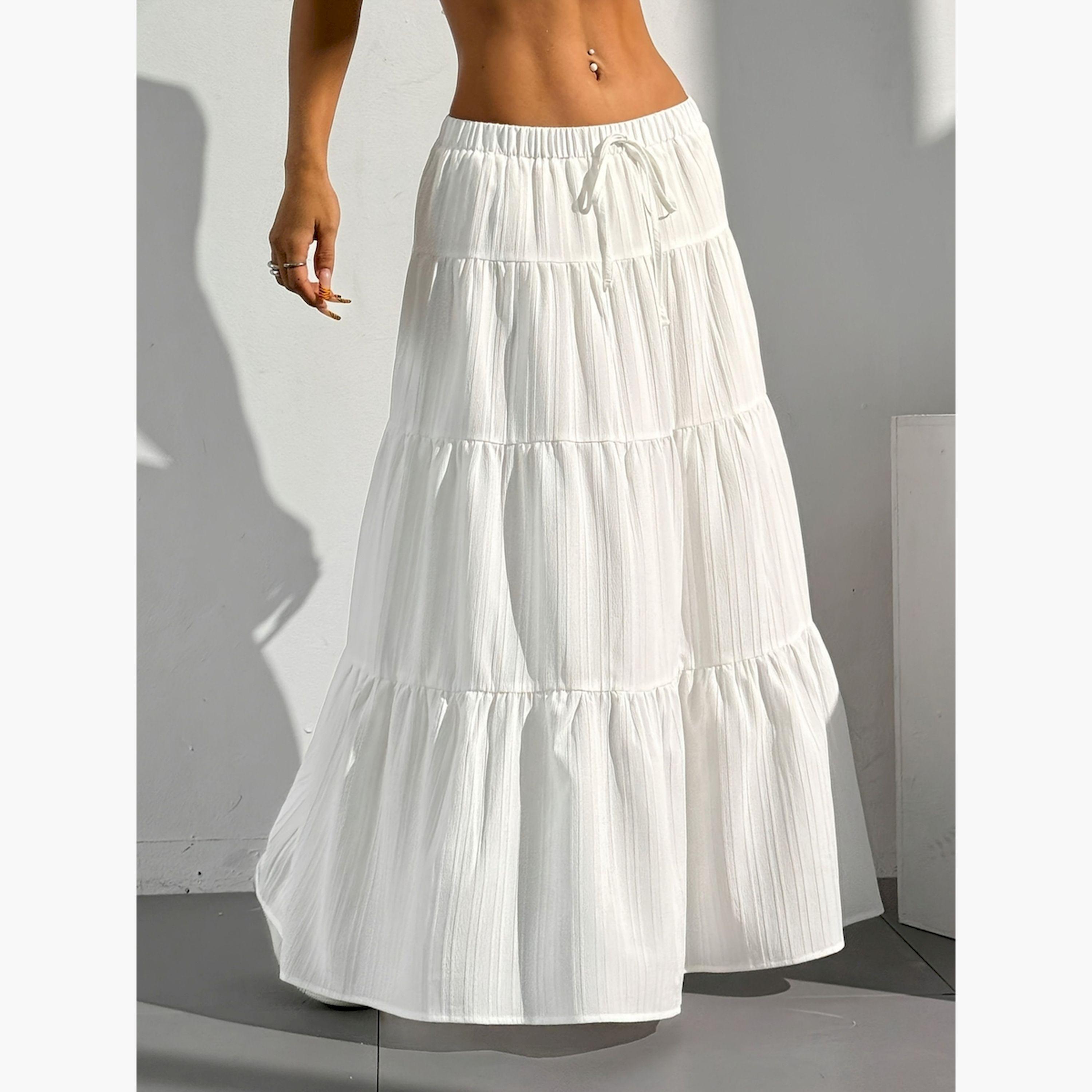 تنورة طويلة بيضاء بارزة الملمس بخصر منخفض وطبقات-women-clothing-bottoms-skirts-image-3
