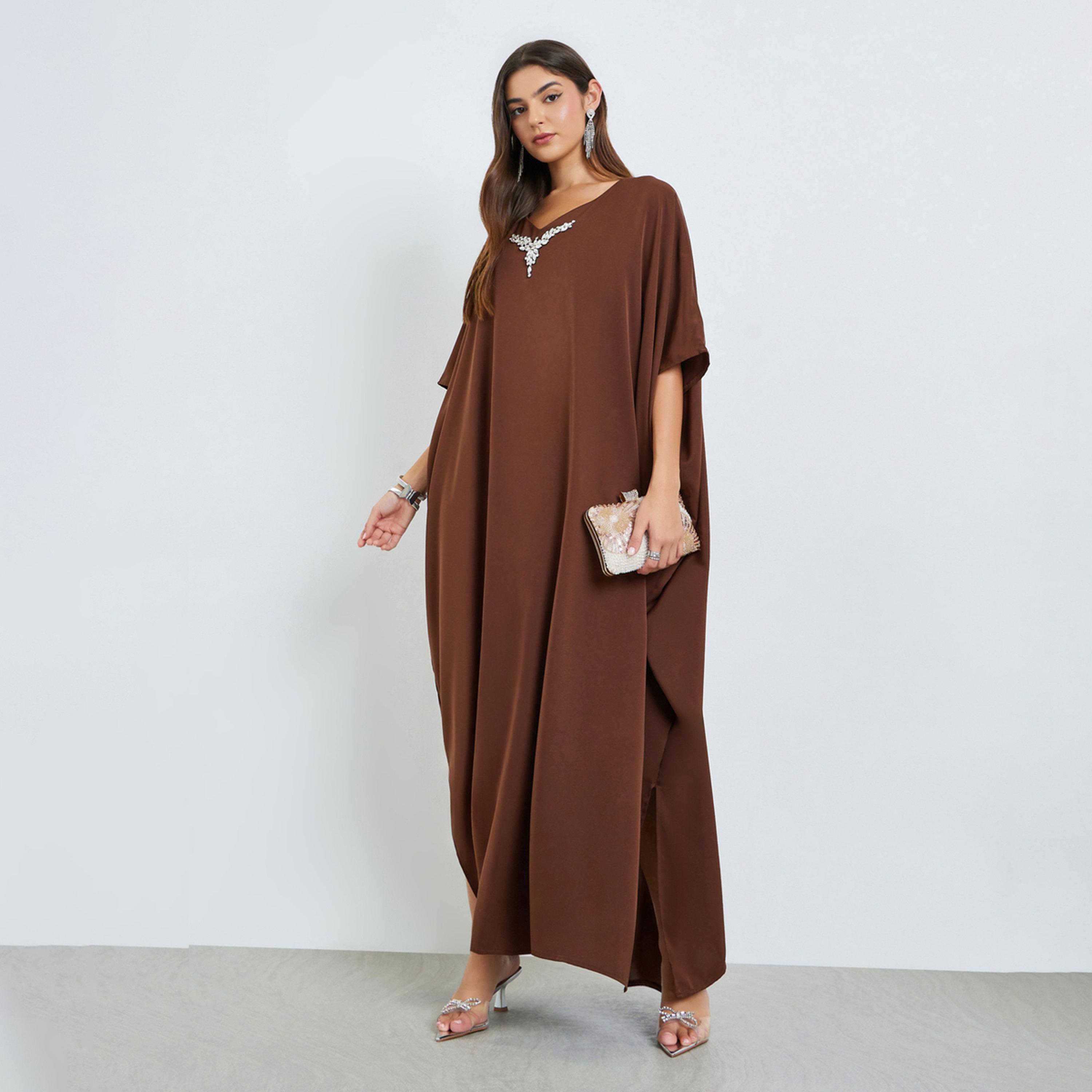 Amirah X Styli Brown Embellished Loose Kaftan-women-arabicclothing-kaftan-image-1