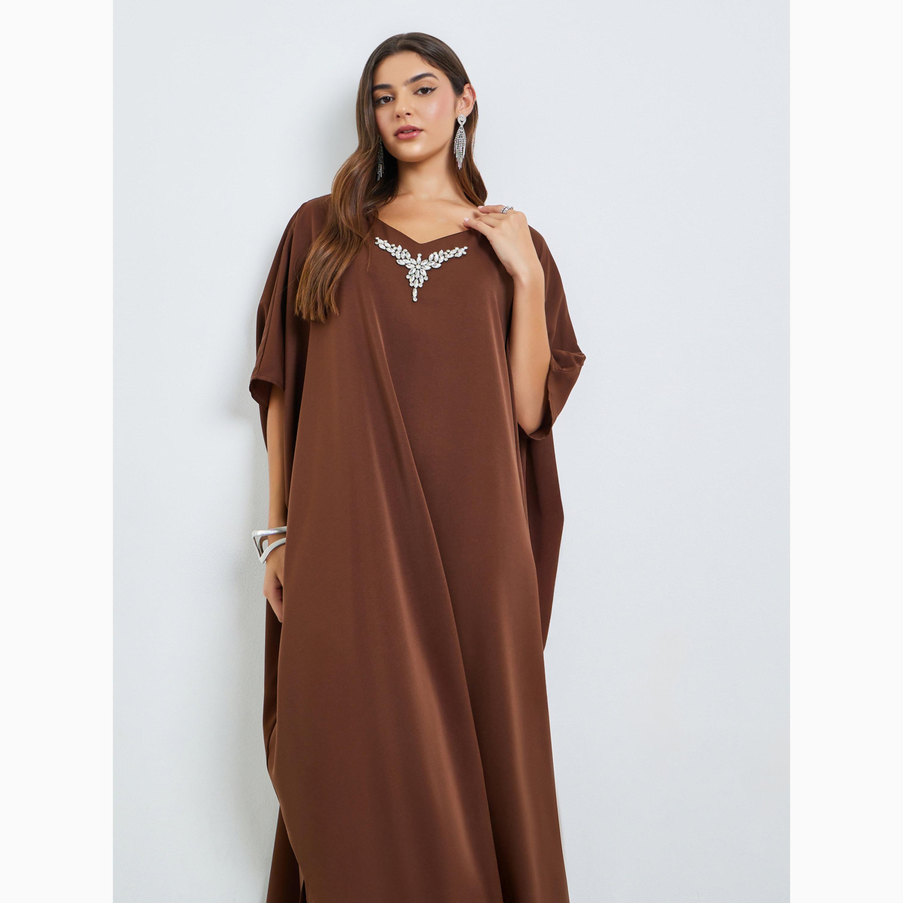 Amirah X Styli Brown Embellished Loose Kaftan-women-arabicclothing-kaftan-image-2