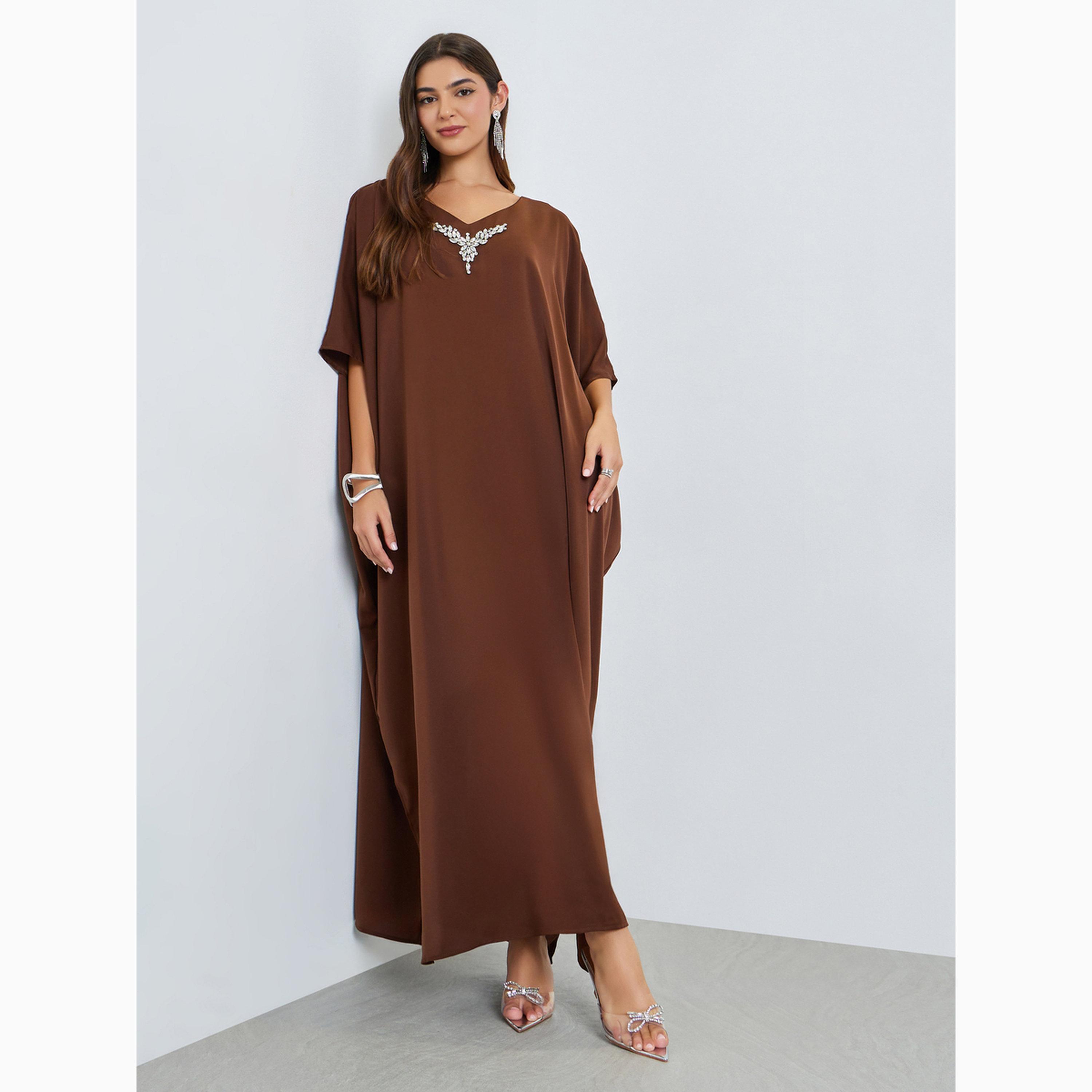 Amirah X Styli Brown Embellished Loose Kaftan-women-arabicclothing-kaftan-image-3