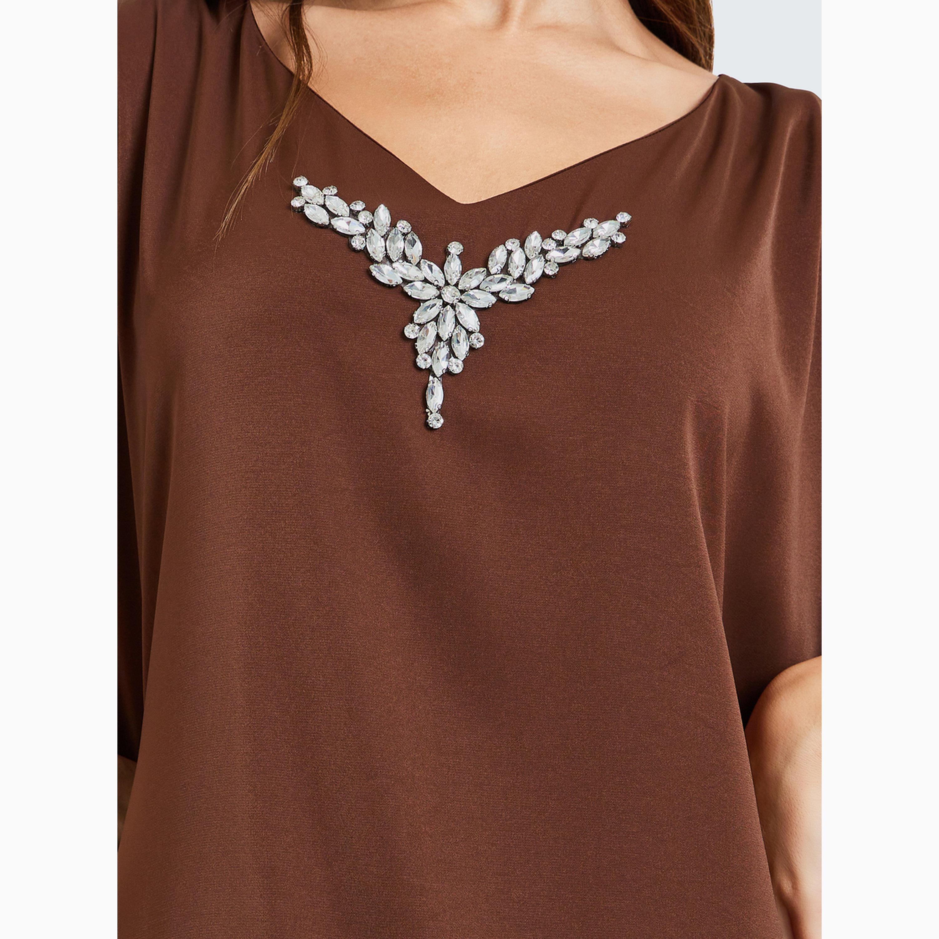 Amirah X Styli Brown Embellished Loose Kaftan-women-arabicclothing-kaftan-image-4