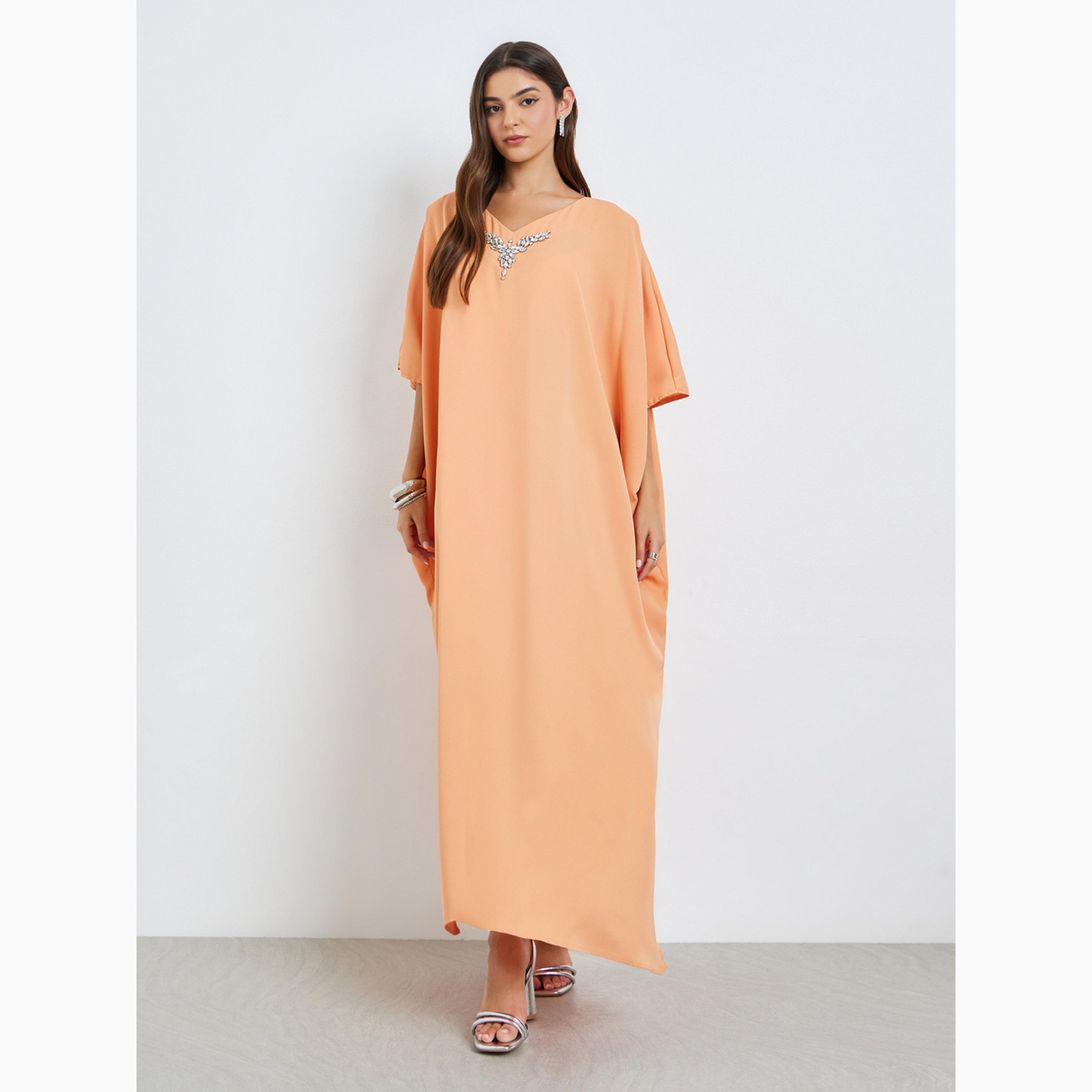 Amirah X Styli Orange Embellished Loose Kaftan-women-arabicclothing-kaftan-image-3
