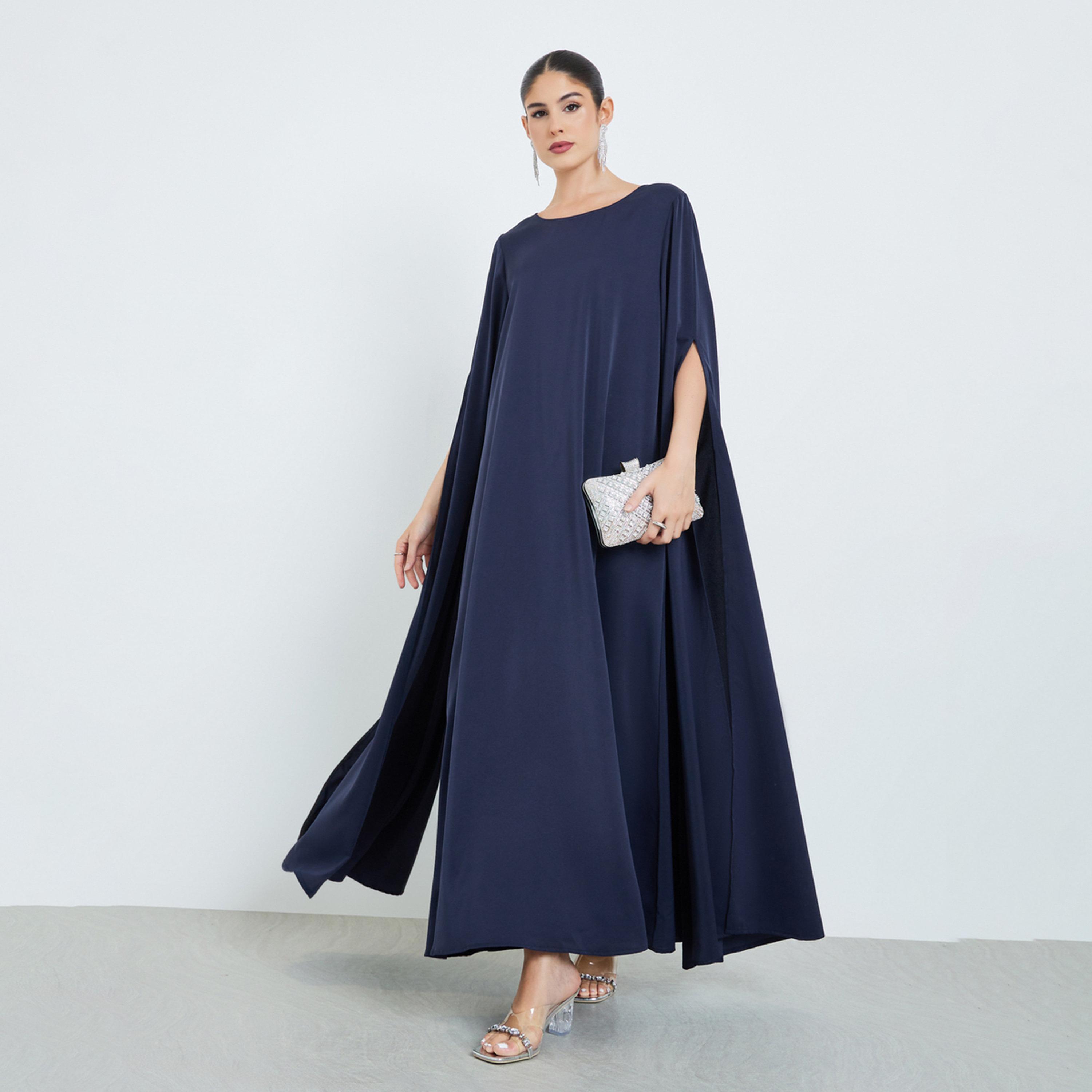 Amirah X Styli Navy Blue Drape Sleeve Loose Fit Kaftan-women-arabicclothing-kaftan-image-1