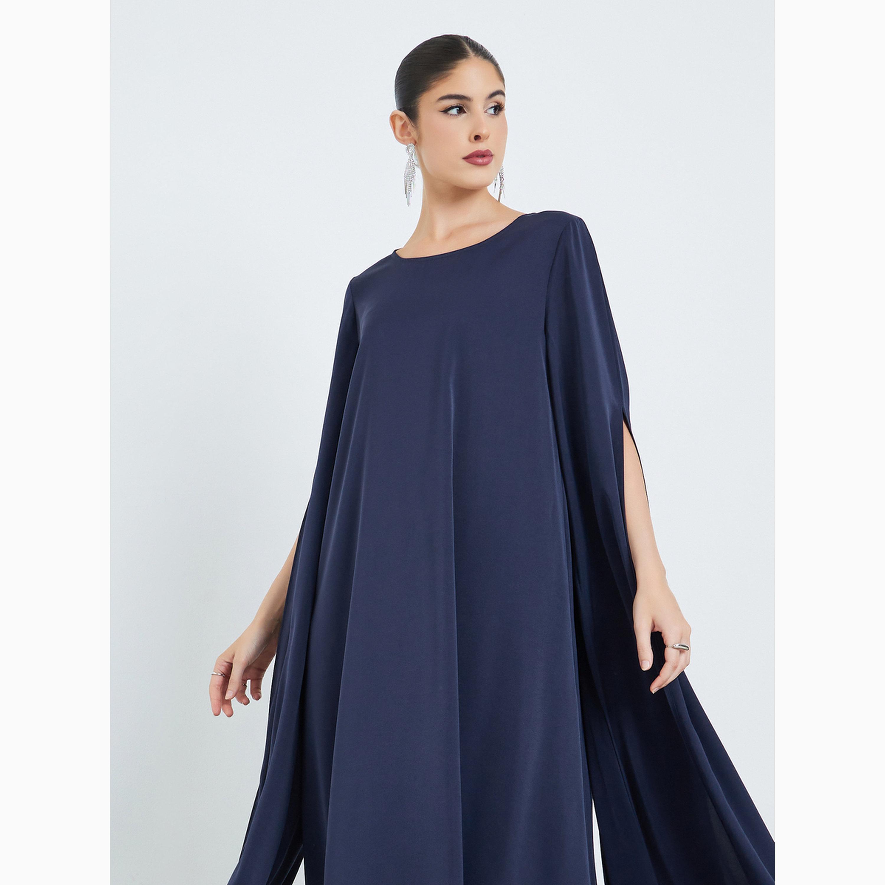 Amirah X Styli Navy Blue Drape Sleeve Loose Fit Kaftan-women-arabicclothing-kaftan-image-2