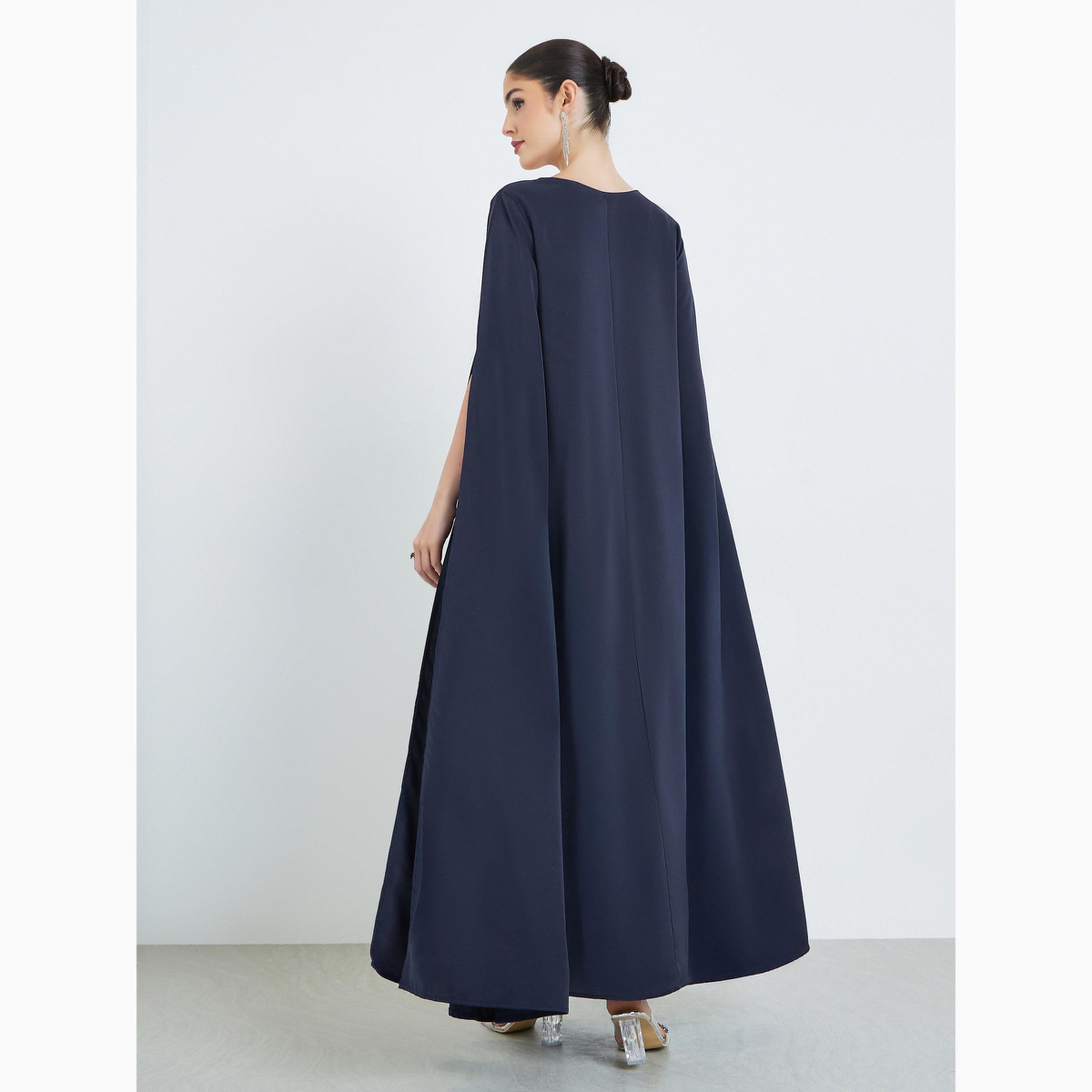 Amirah X Styli Navy Blue Drape Sleeve Loose Fit Kaftan-women-arabicclothing-kaftan-image-5