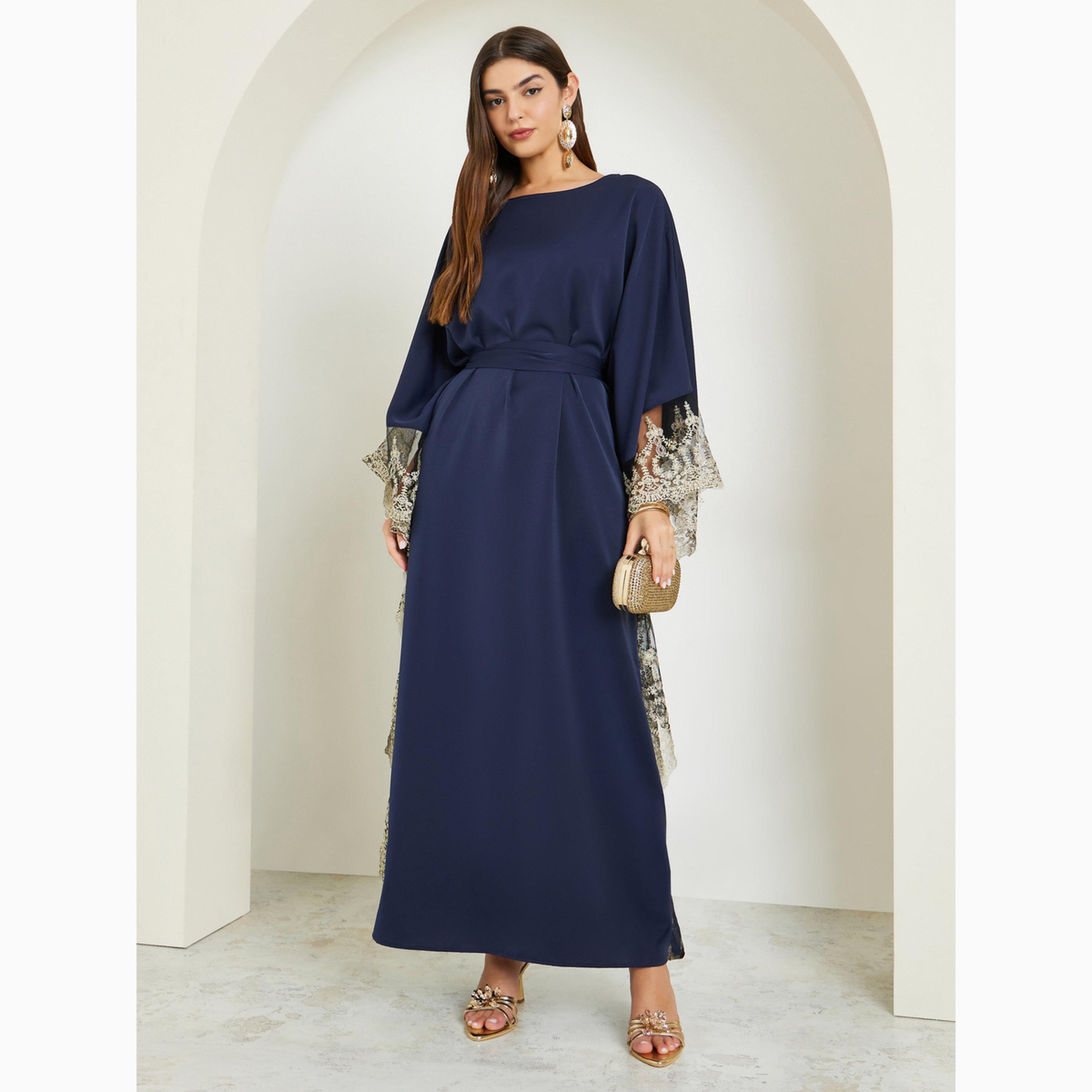 فستان قفطان كحلي طويل بتفاصيل دانتيل-women-arabicclothing-kaftan-image-3