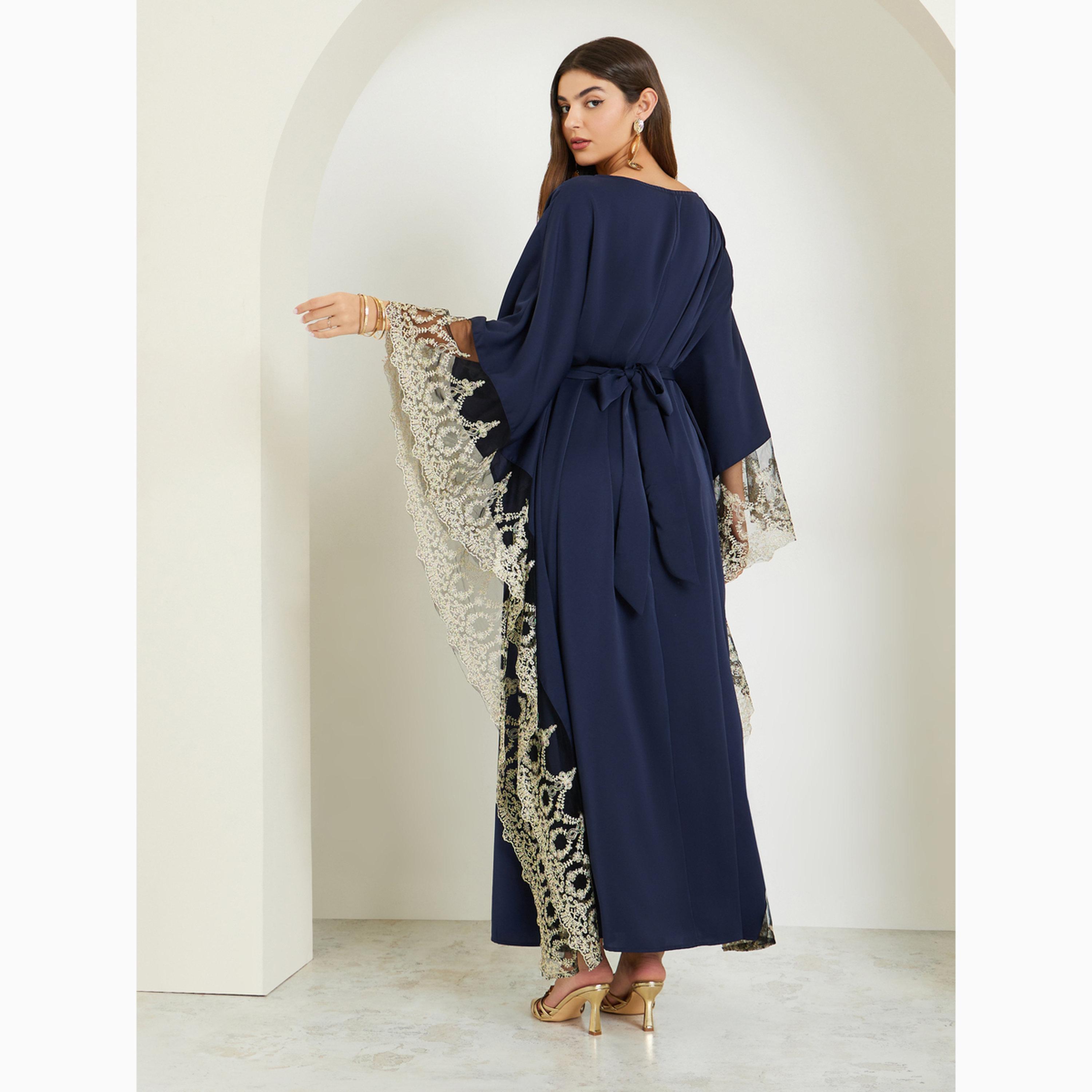فستان قفطان كحلي طويل بتفاصيل دانتيل-women-arabicclothing-kaftan-image-4