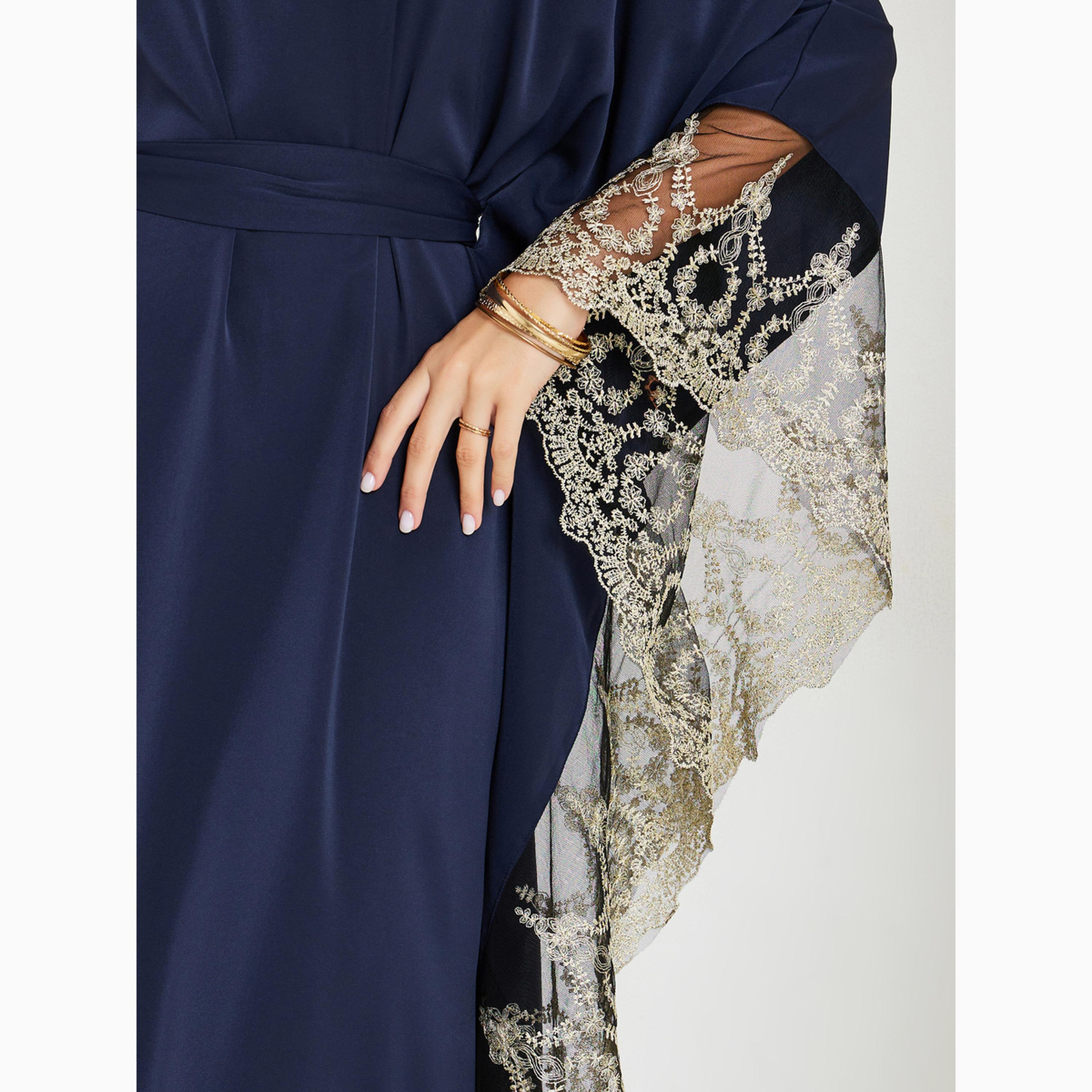 فستان قفطان كحلي طويل بتفاصيل دانتيل-women-arabicclothing-kaftan-image-5