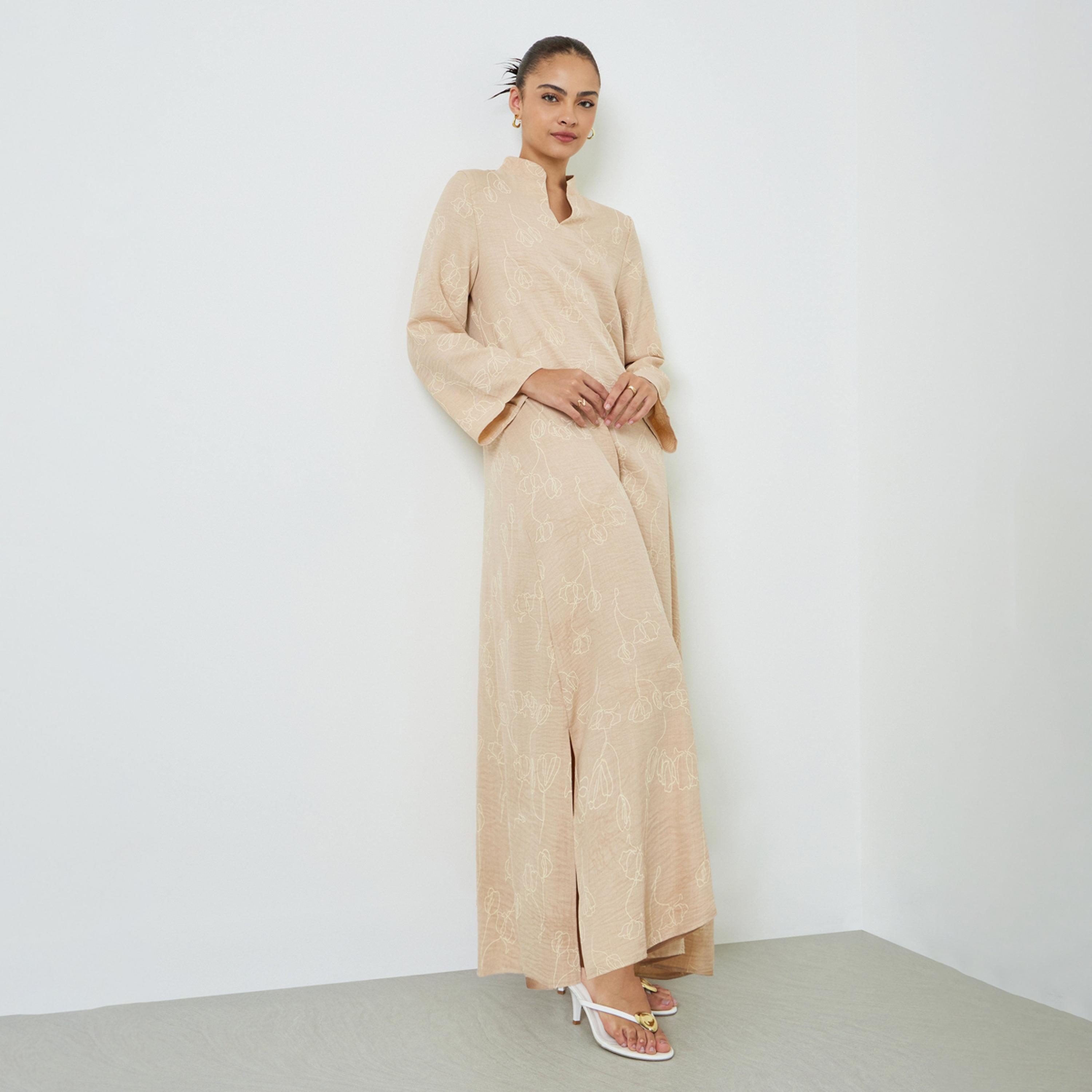 Amirah X Styli Brown All Over Print Stand Collar Jalabiya with Side Slit-women-arabicclothing-jalabiyas-image-1