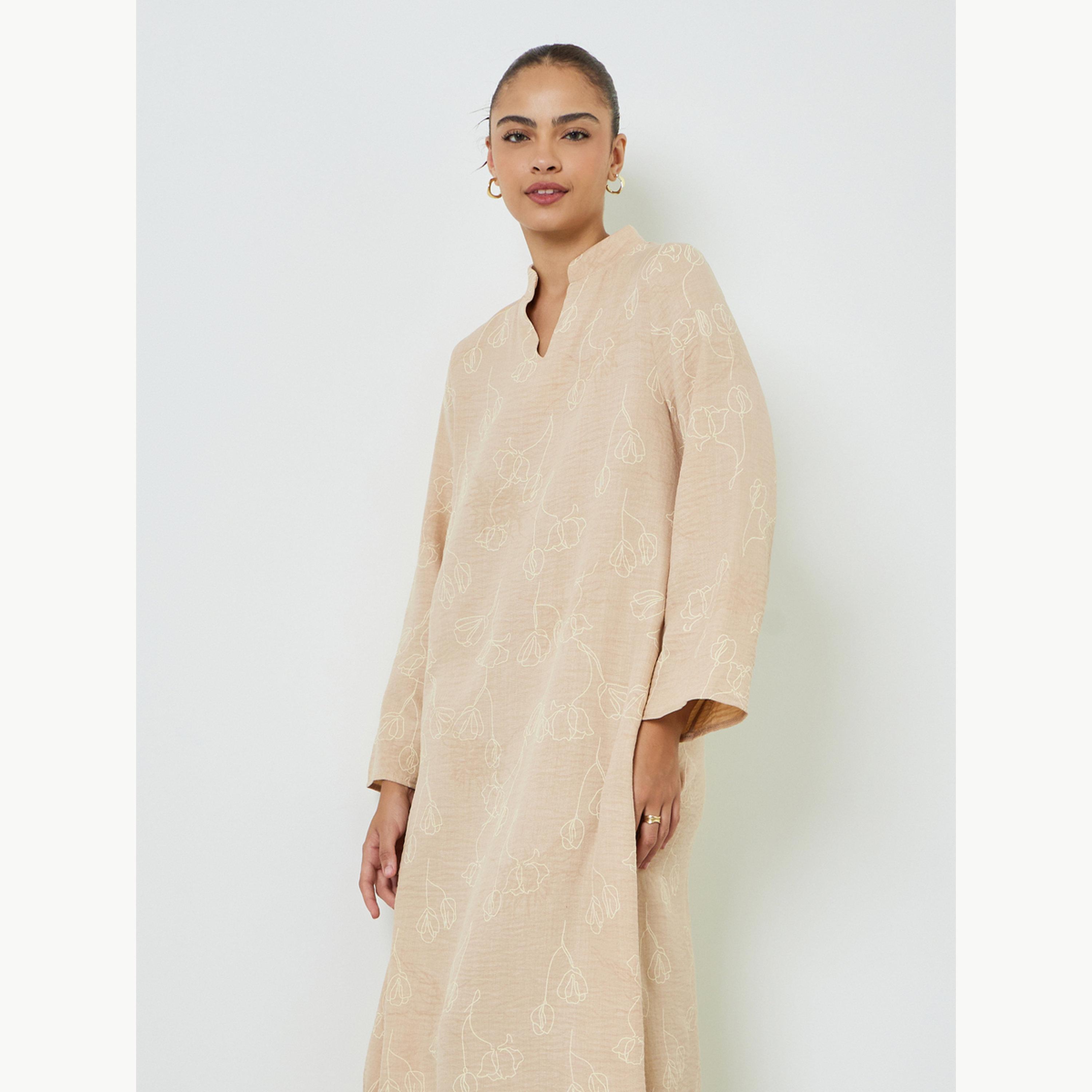 Amirah X Styli Brown All Over Print Stand Collar Jalabiya with Side Slit-women-arabicclothing-jalabiyas-image-2
