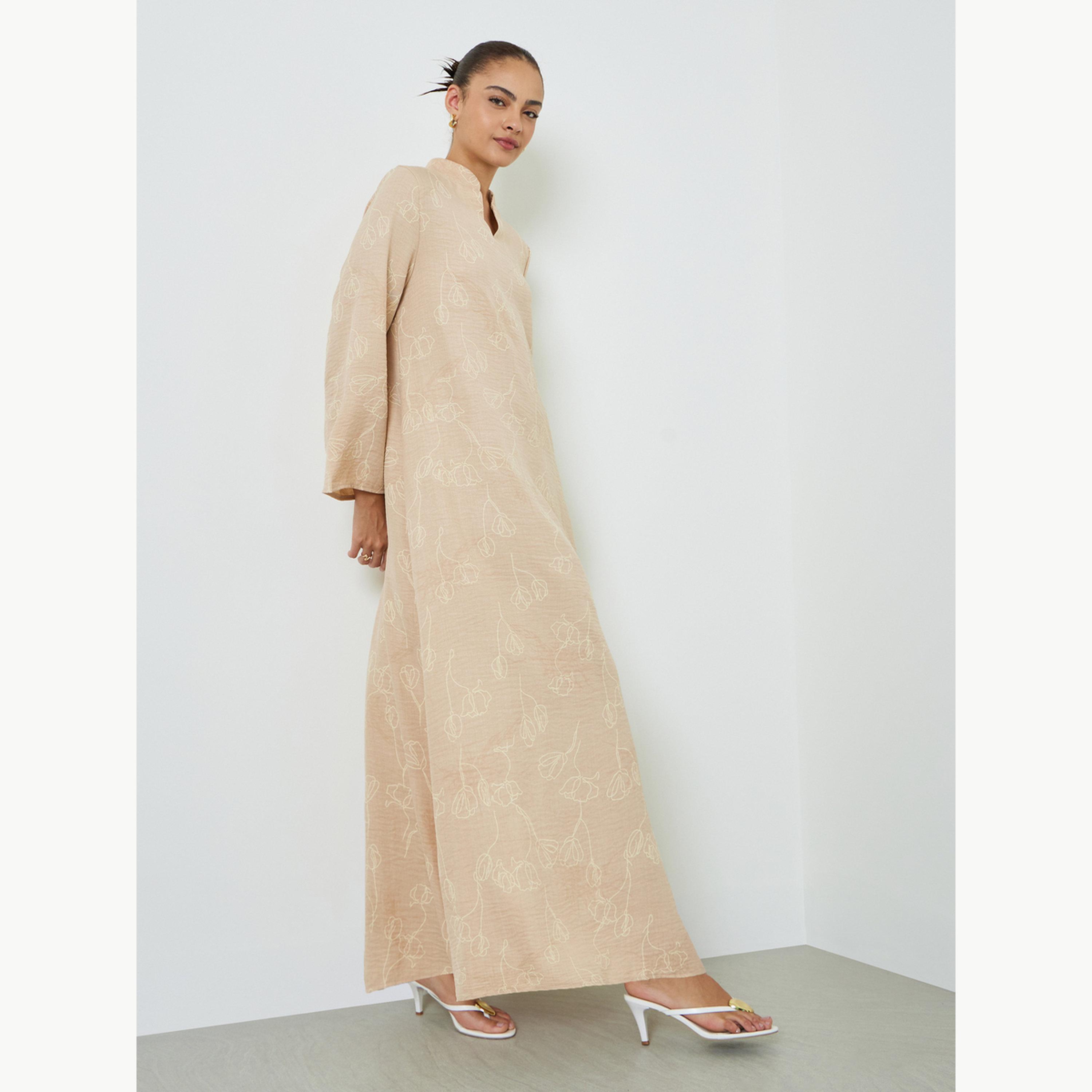 Amirah X Styli Brown All Over Print Stand Collar Jalabiya with Side Slit-women-arabicclothing-jalabiyas-image-3