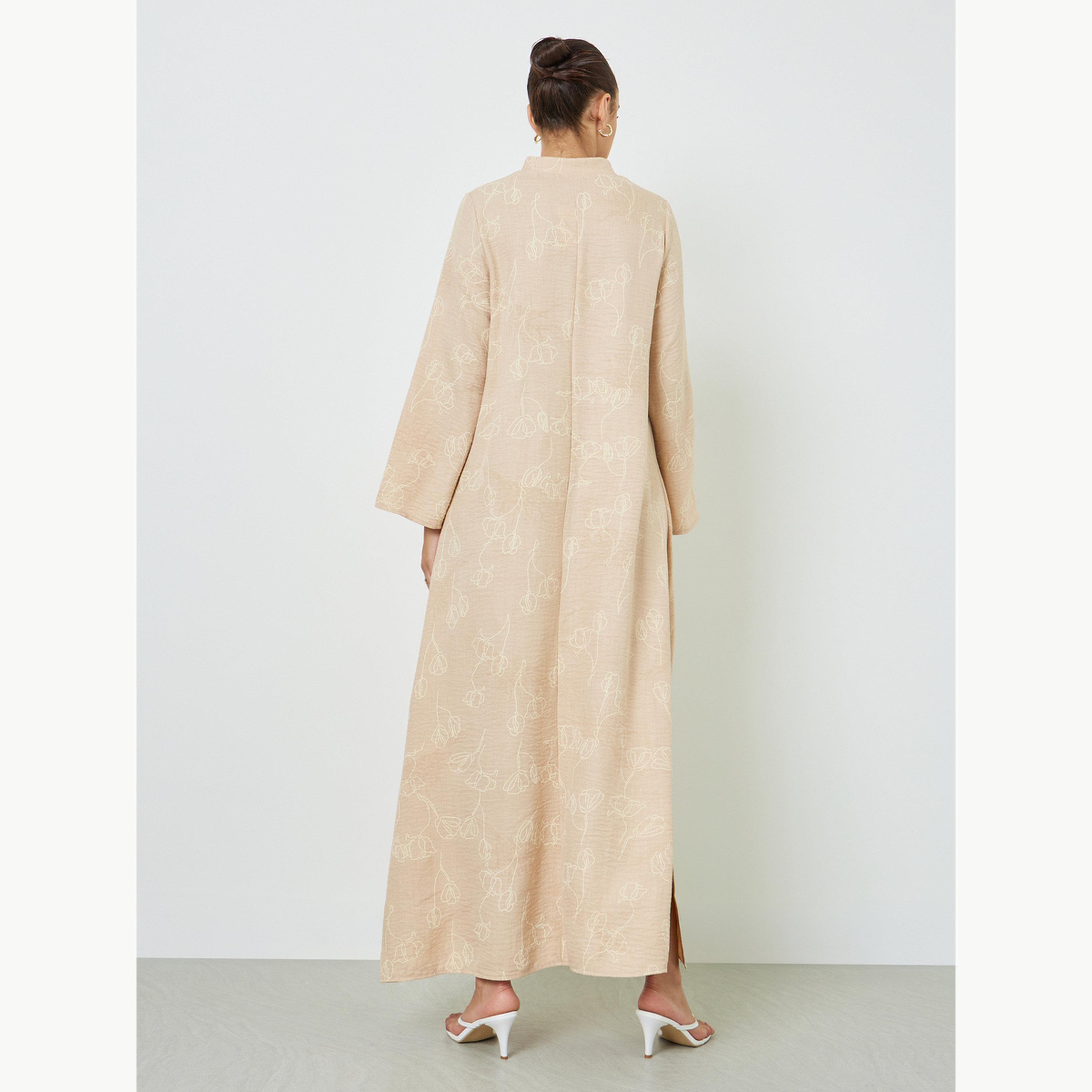 Amirah X Styli Brown All Over Print Stand Collar Jalabiya with Side Slit-women-arabicclothing-jalabiyas-image-4