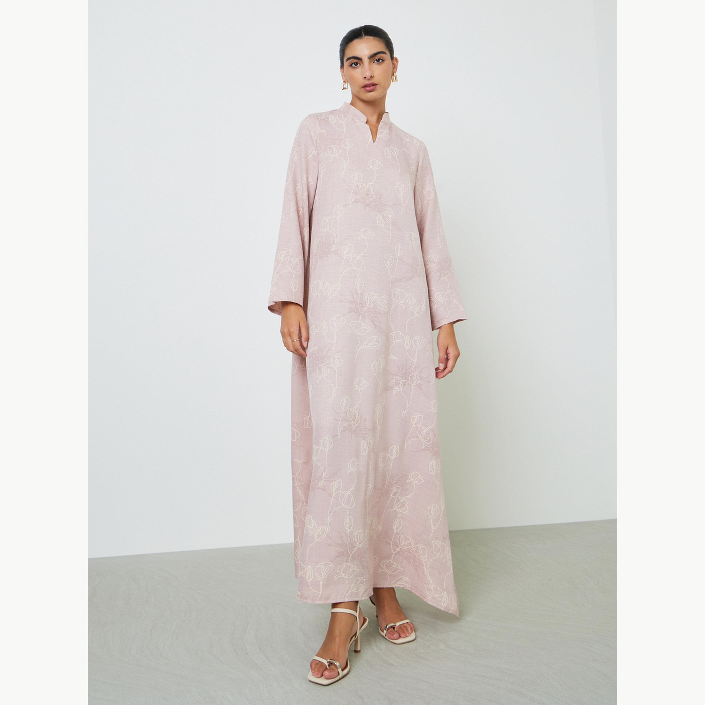 Amirah X Styli Pink All Over Print Stand Collar Jalabiya with Side Slit-women-arabicclothing-jalabiyas-image-1