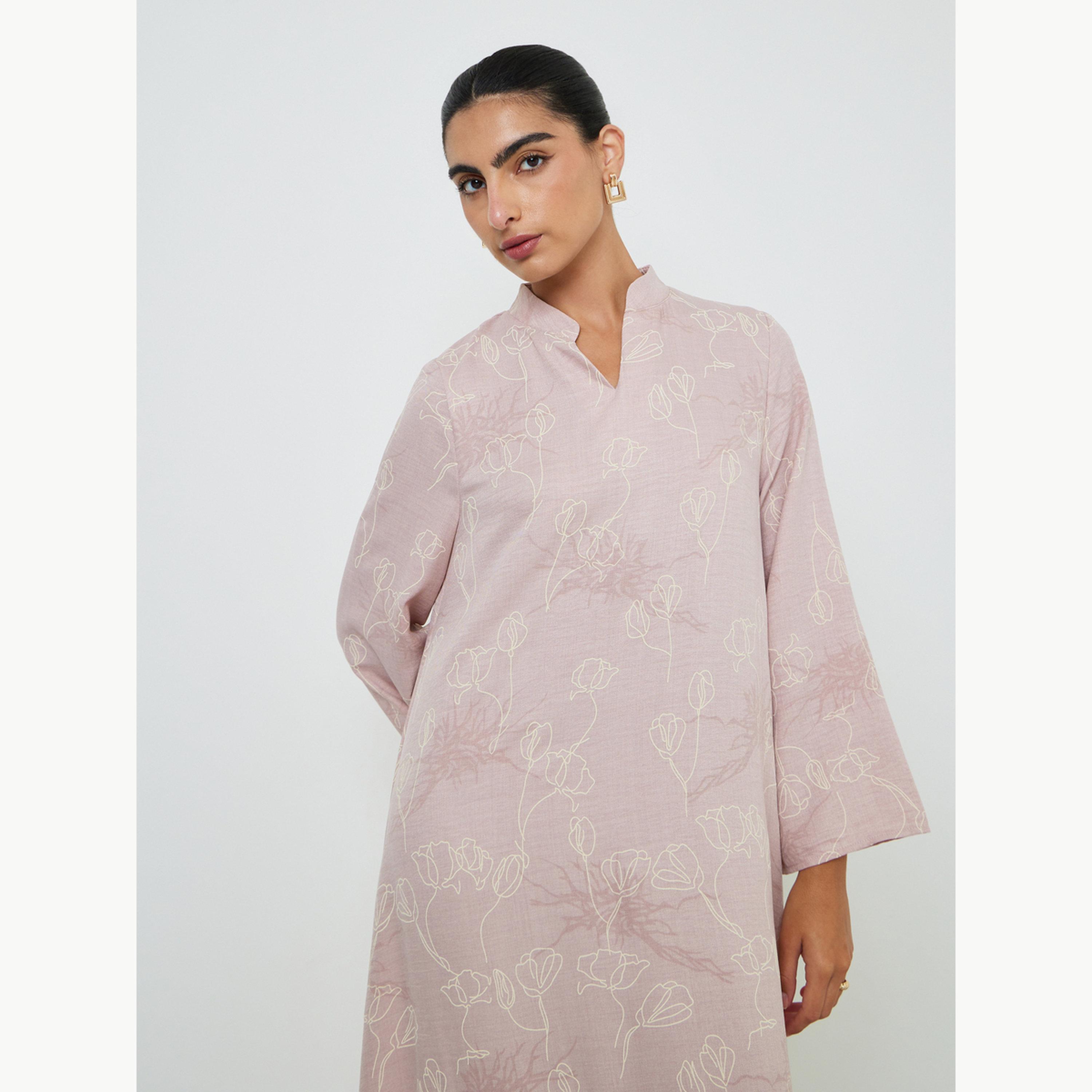 Amirah X Styli Pink All Over Print Stand Collar Jalabiya with Side Slit-women-arabicclothing-jalabiyas-image-2