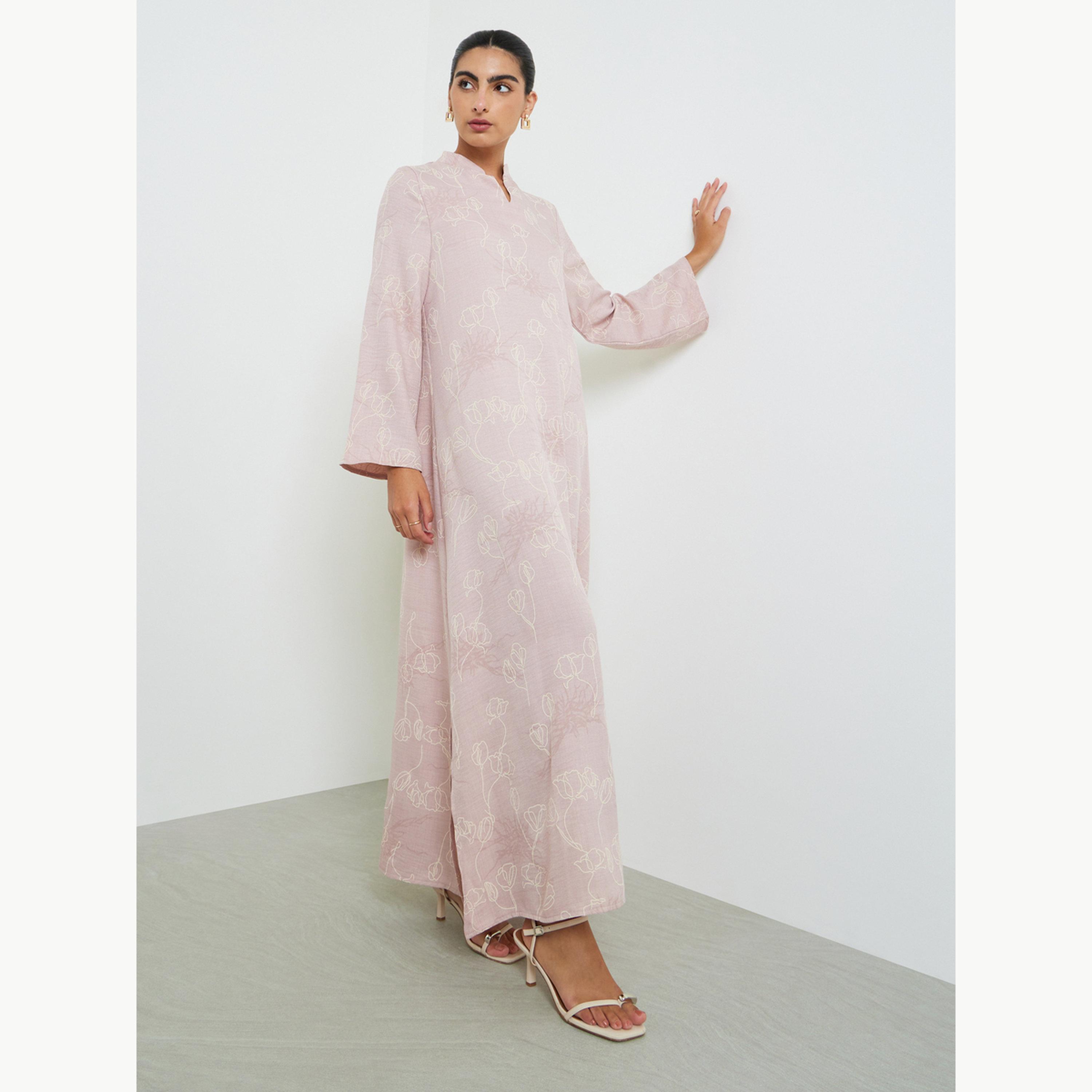 Amirah X Styli Pink All Over Print Stand Collar Jalabiya with Side Slit-women-arabicclothing-jalabiyas-image-3