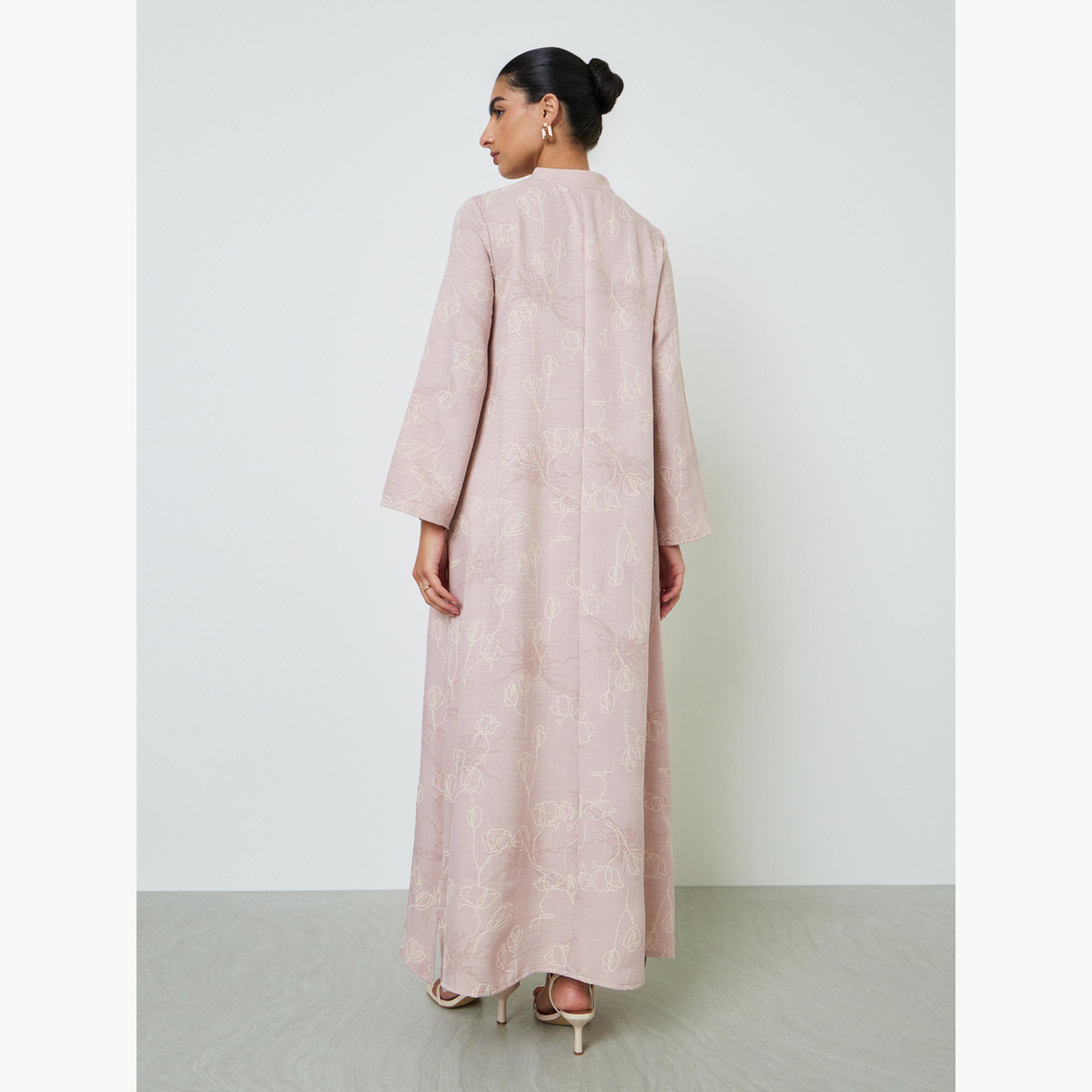 Amirah X Styli Pink All Over Print Stand Collar Jalabiya with Side Slit-women-arabicclothing-jalabiyas-image-4