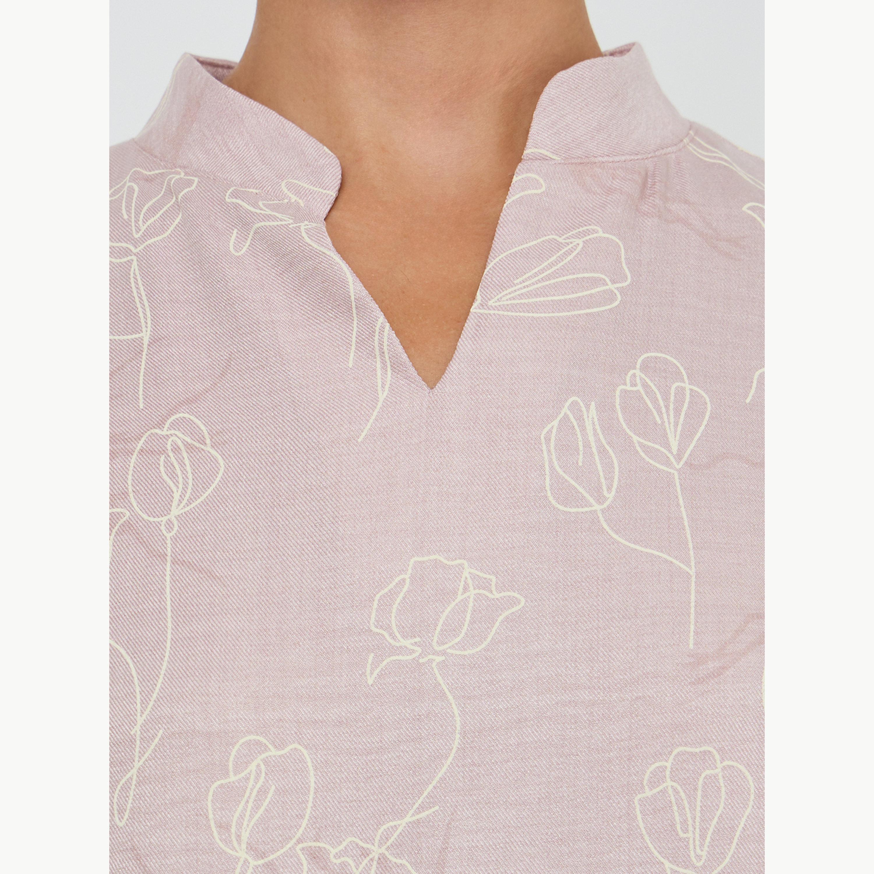 Amirah X Styli Pink All Over Print Stand Collar Jalabiya with Side Slit-women-arabicclothing-jalabiyas-image-6