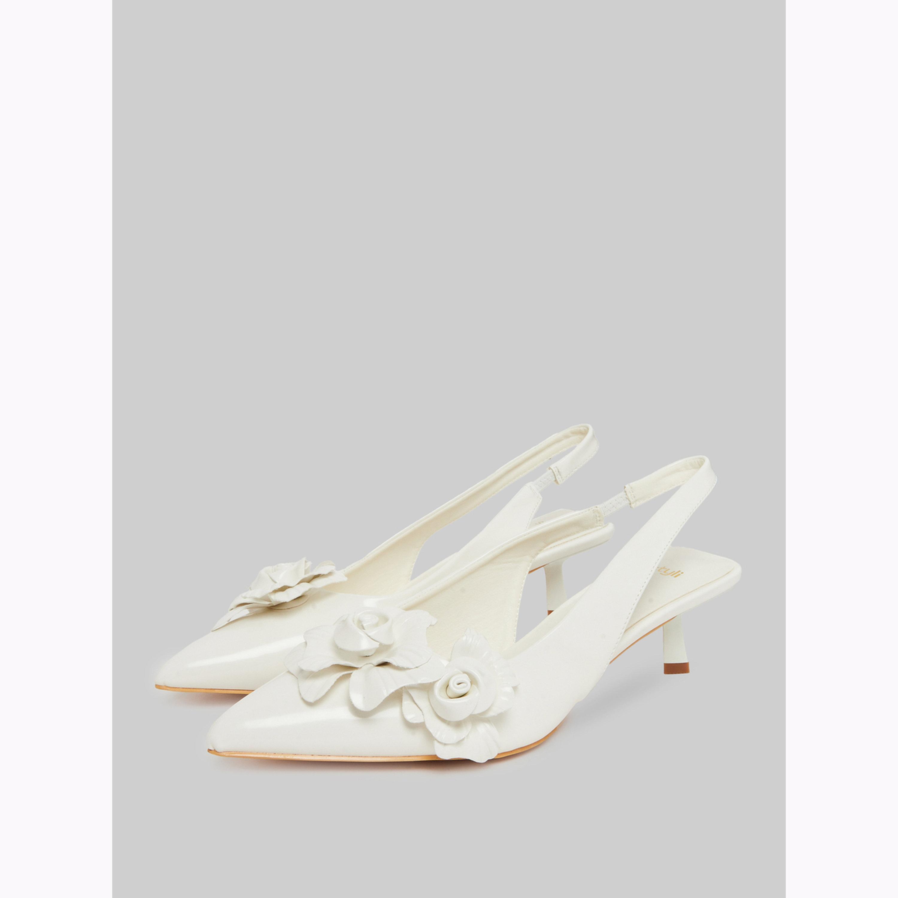Styli Off-White Floral Slingback Kitten Heels Shoes-women-shoes-heels-image-1