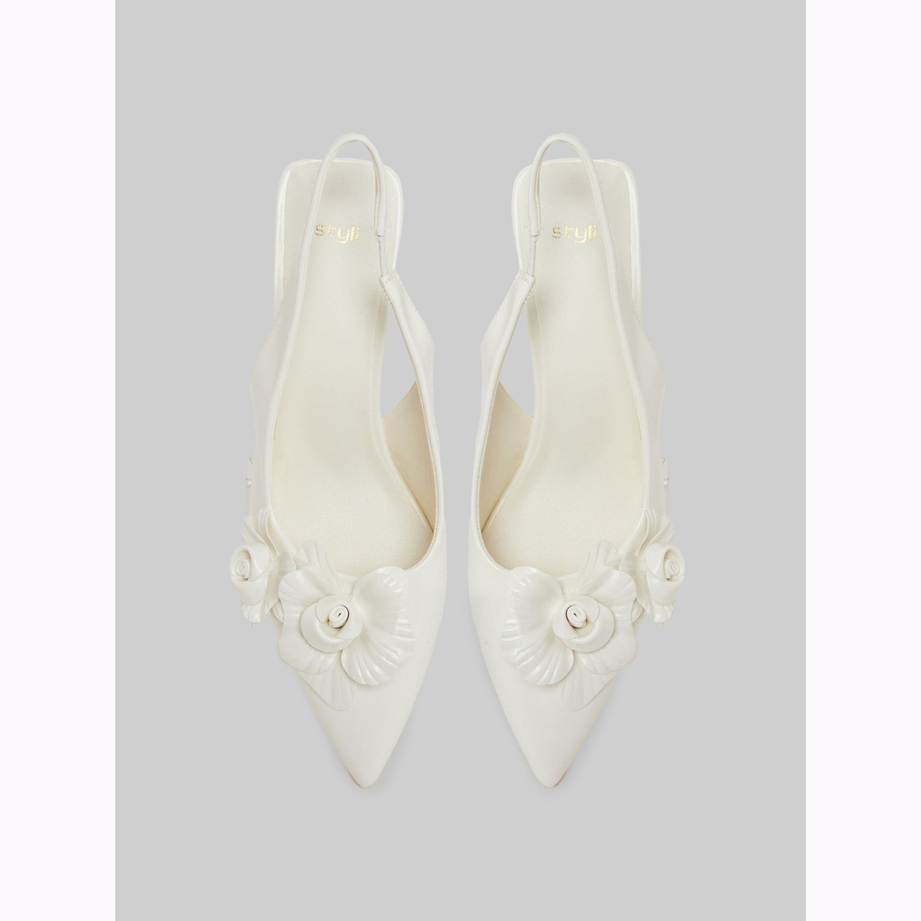 Styli Off-White Floral Slingback Kitten Heels Shoes-women-shoes-heels-image-3