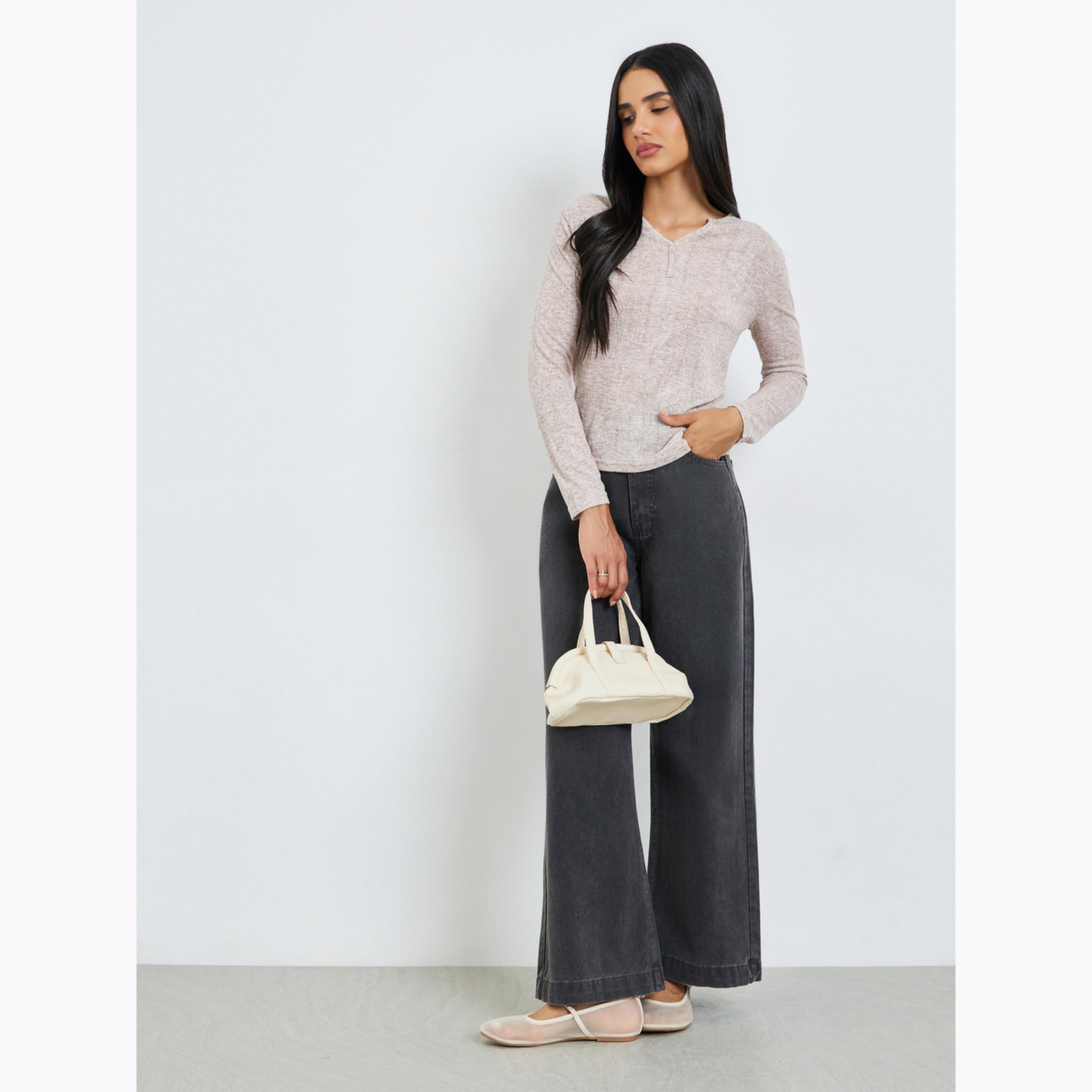 Styli Beige Textured Notch Neck T-Shirt-women-clothing-tshirts-image-2