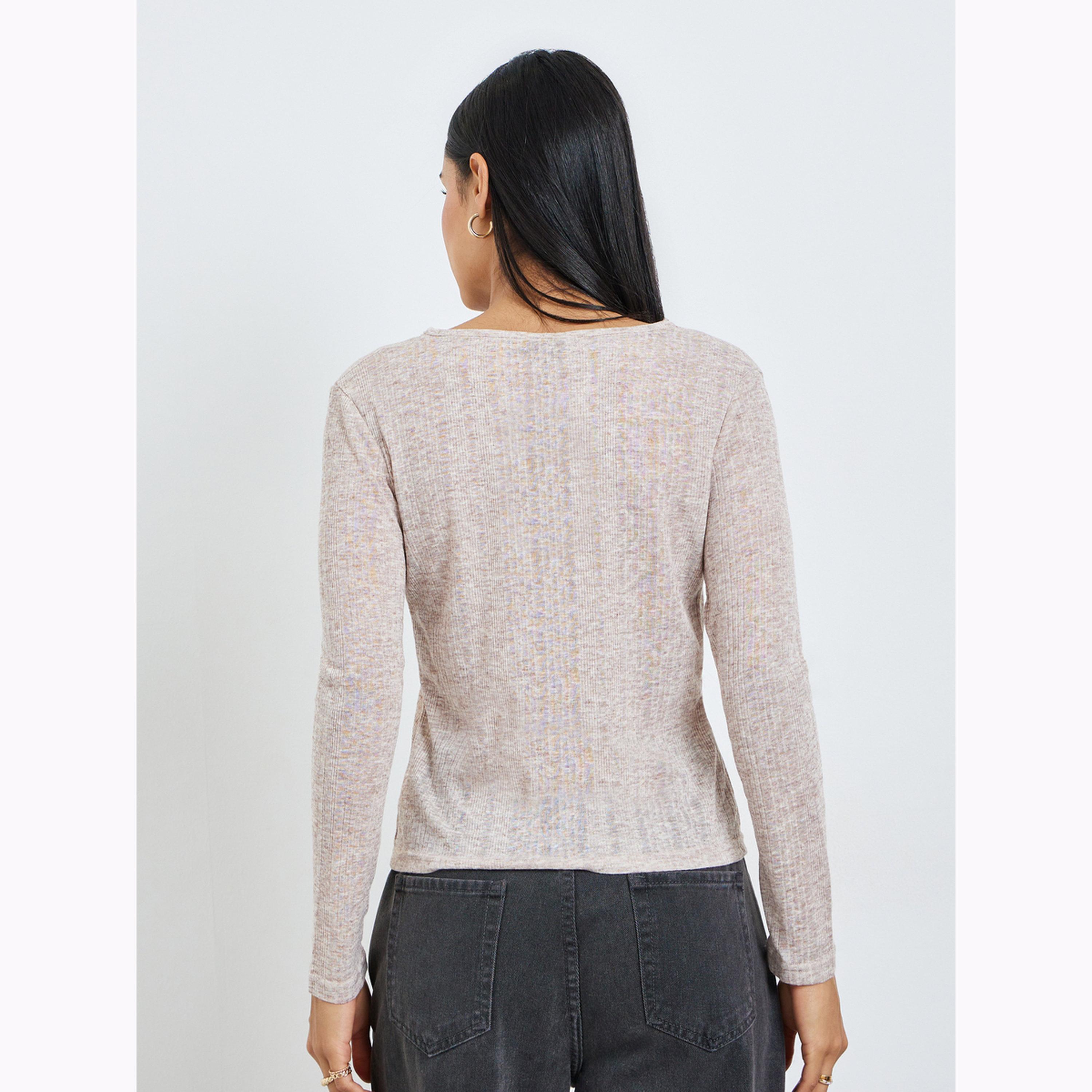 Styli Beige Textured Notch Neck T-Shirt-women-clothing-tshirts-image-3