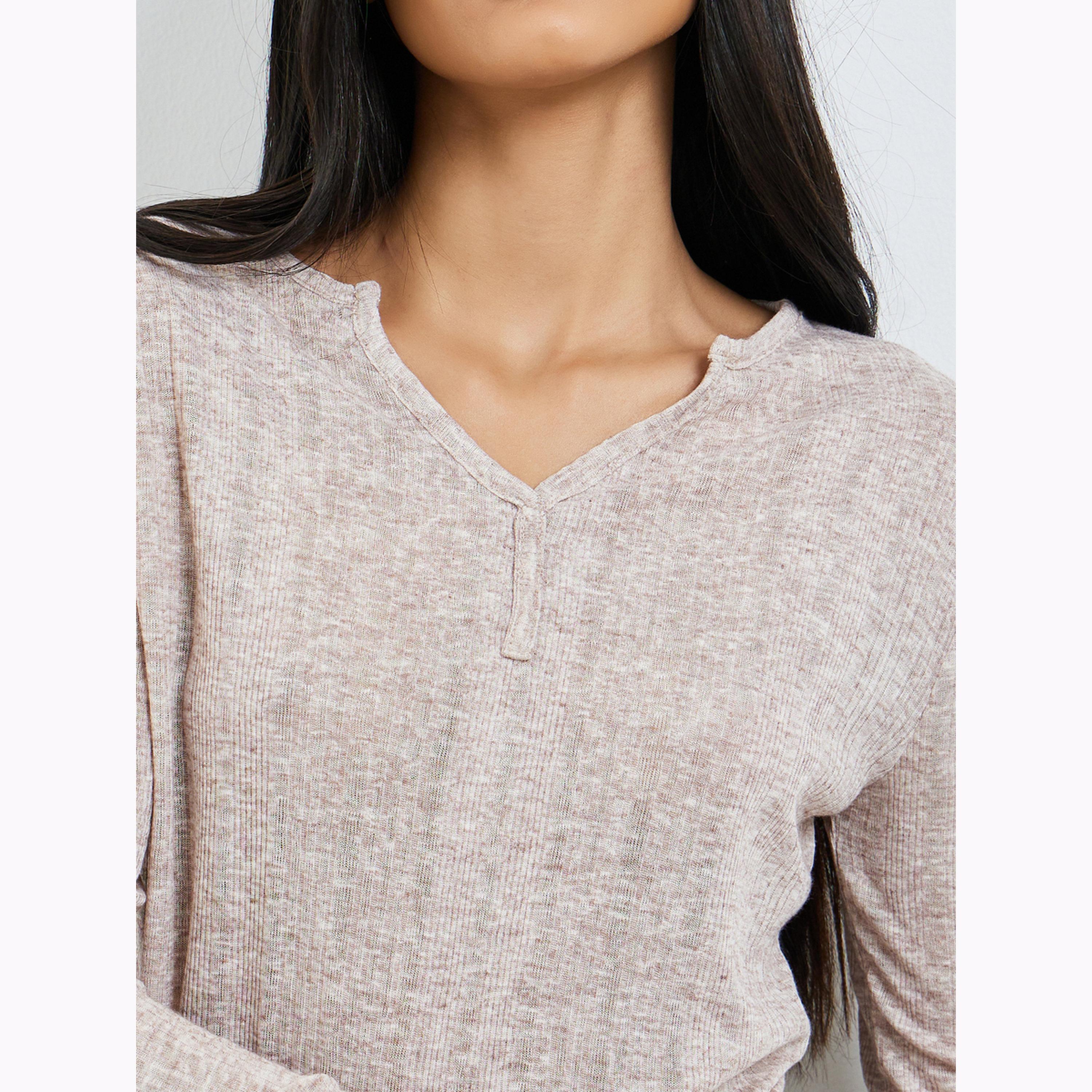 Styli Beige Textured Notch Neck T-Shirt-women-clothing-tshirts-image-4