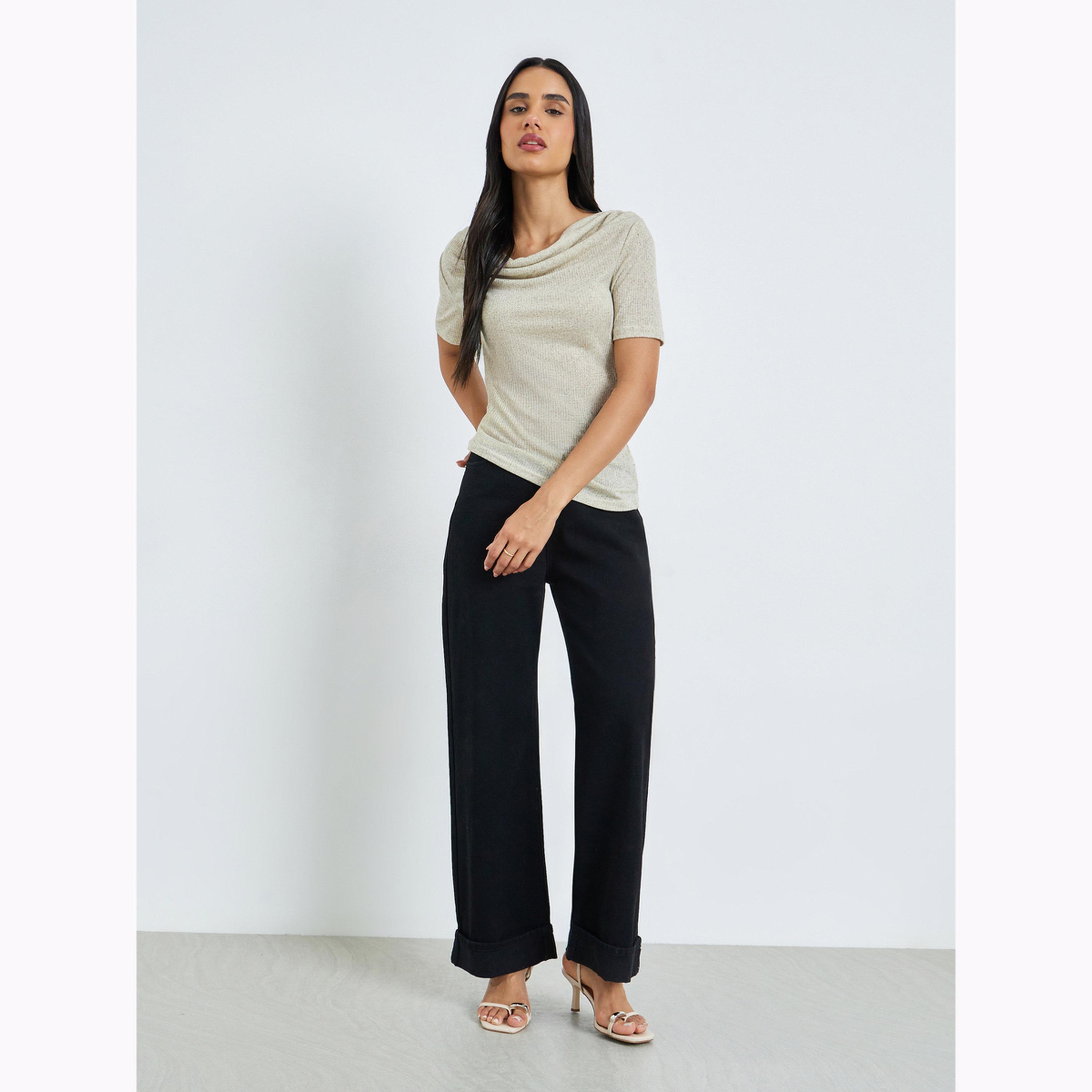 Styli Green Textured Cowl Neck Linen Look T-Shirt-women-clothing-tshirts-image-2