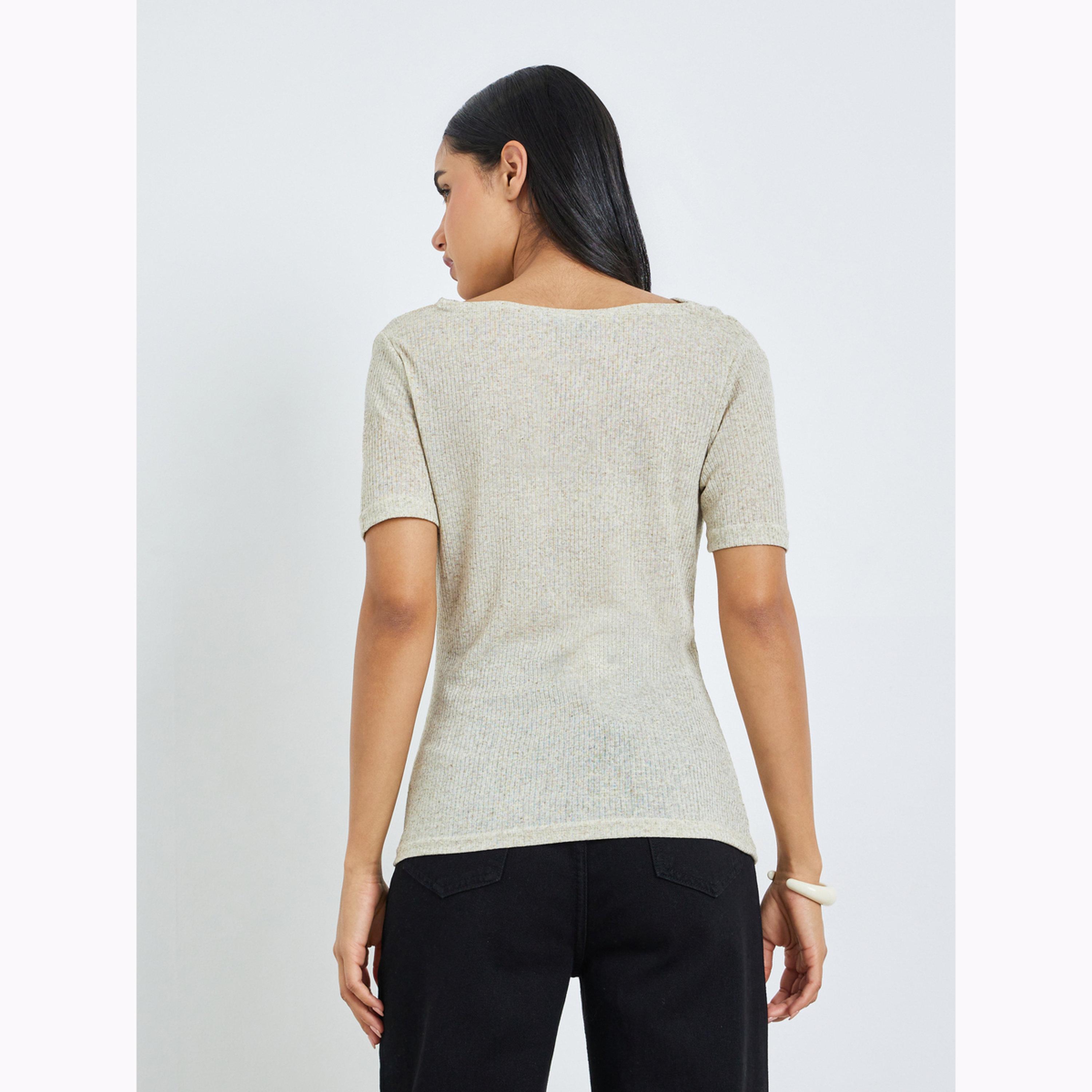 Styli Green Textured Cowl Neck Linen Look T-Shirt-women-clothing-tshirts-image-3