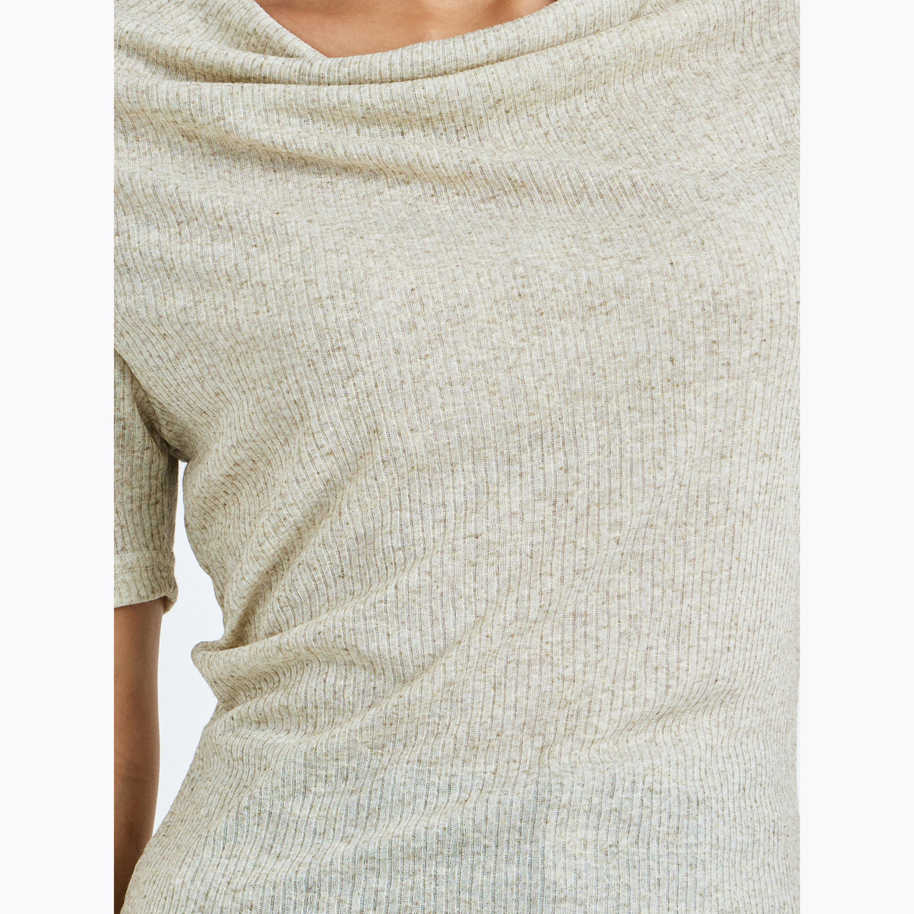 Styli Green Textured Cowl Neck Linen Look T-Shirt-women-clothing-tshirts-image-4