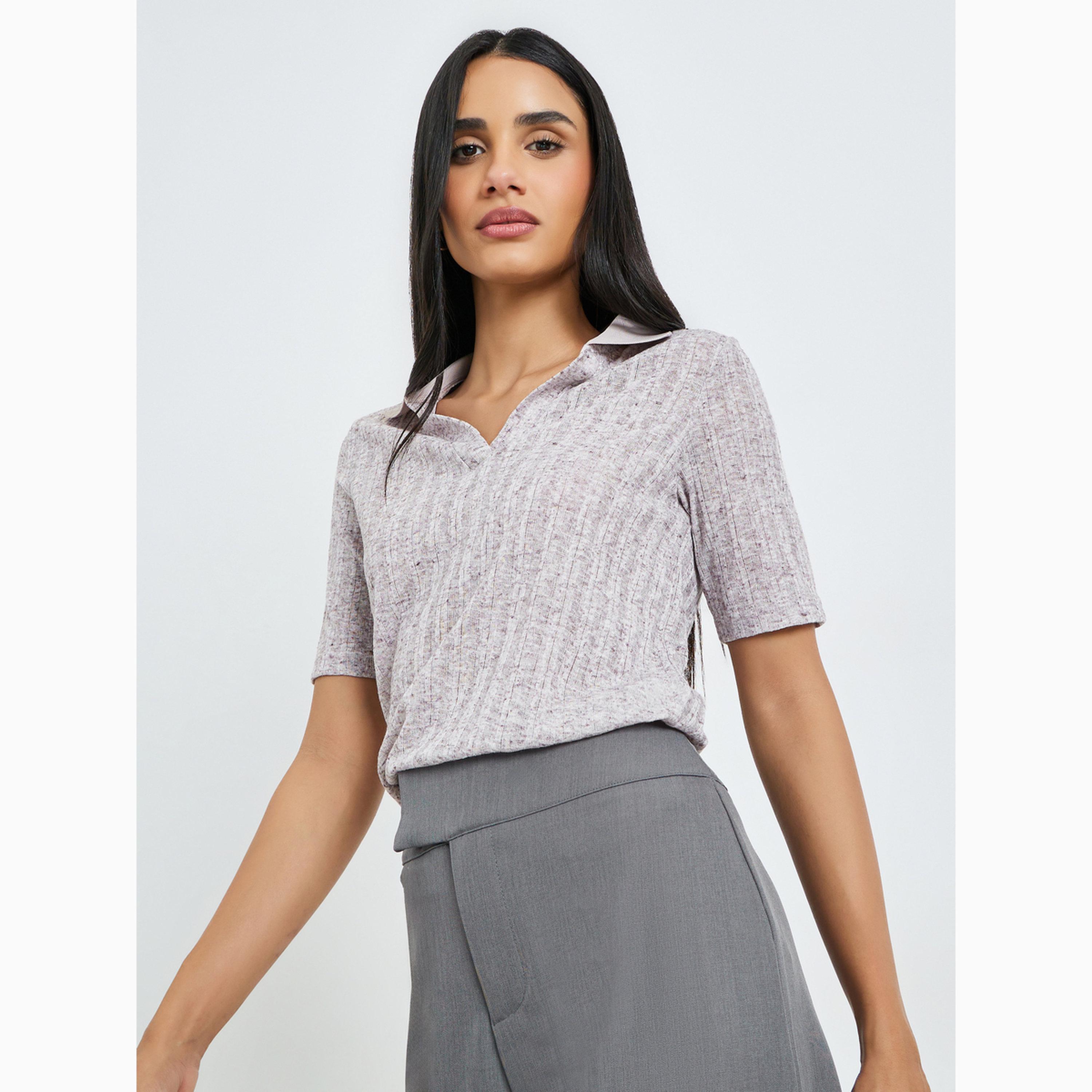 Styli Brown Melange Short Sleeves Polo T-Shirt-women-clothing-tshirts-image-3