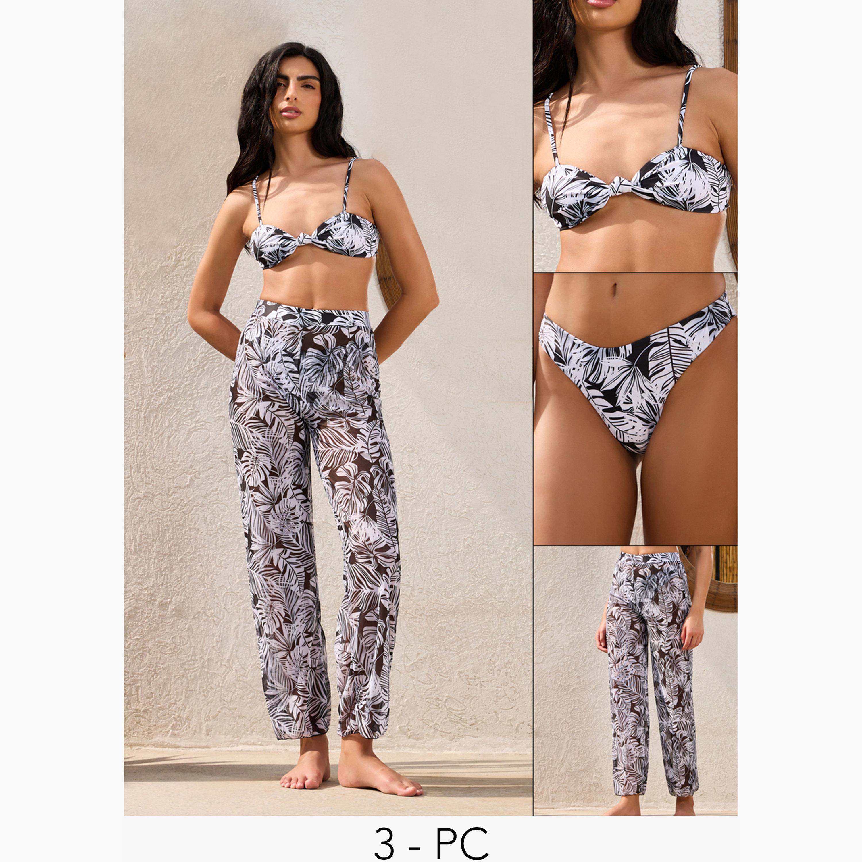 Styli Pack of 3 - Palm Leaf Multi Print Padded Bikini, Brief and Loose Fit Pants-women-clothing-swimandbeach-swim-bikinis-image-1