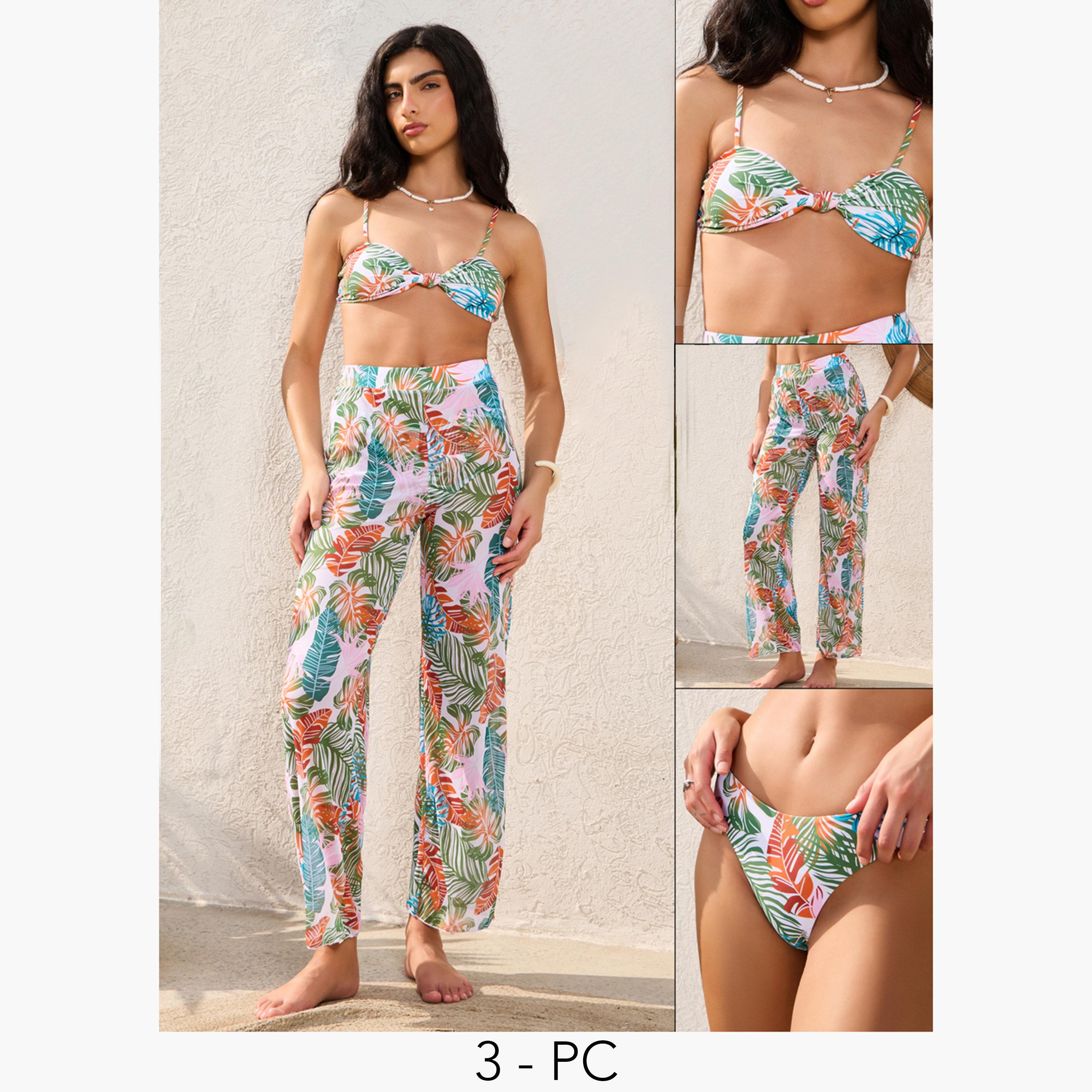 Styli Pack of 3 - Palm Leaf Multi Print Padded Bikini, Brief and Loose Fit Pants-women-clothing-swimandbeach-swim-swimsuits-image-1