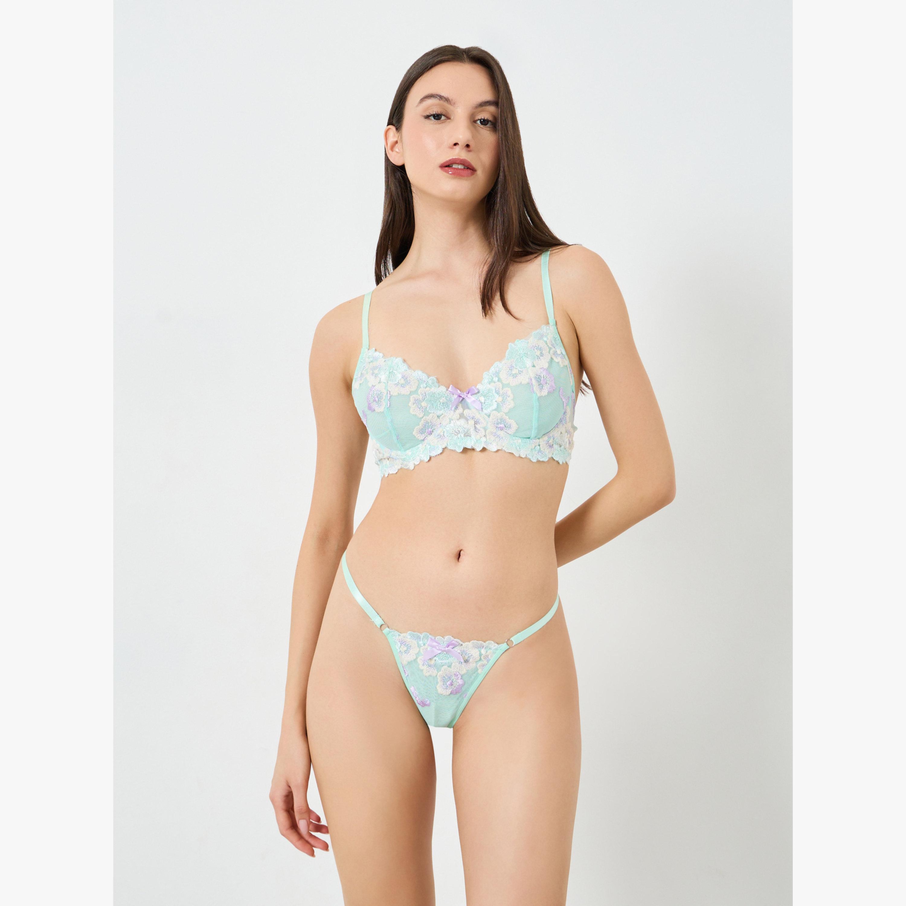 Take Two Green Floral Embroidered Padded Wired Bra With Brief-women-clothing-lingerie-lingeriesets-image-1