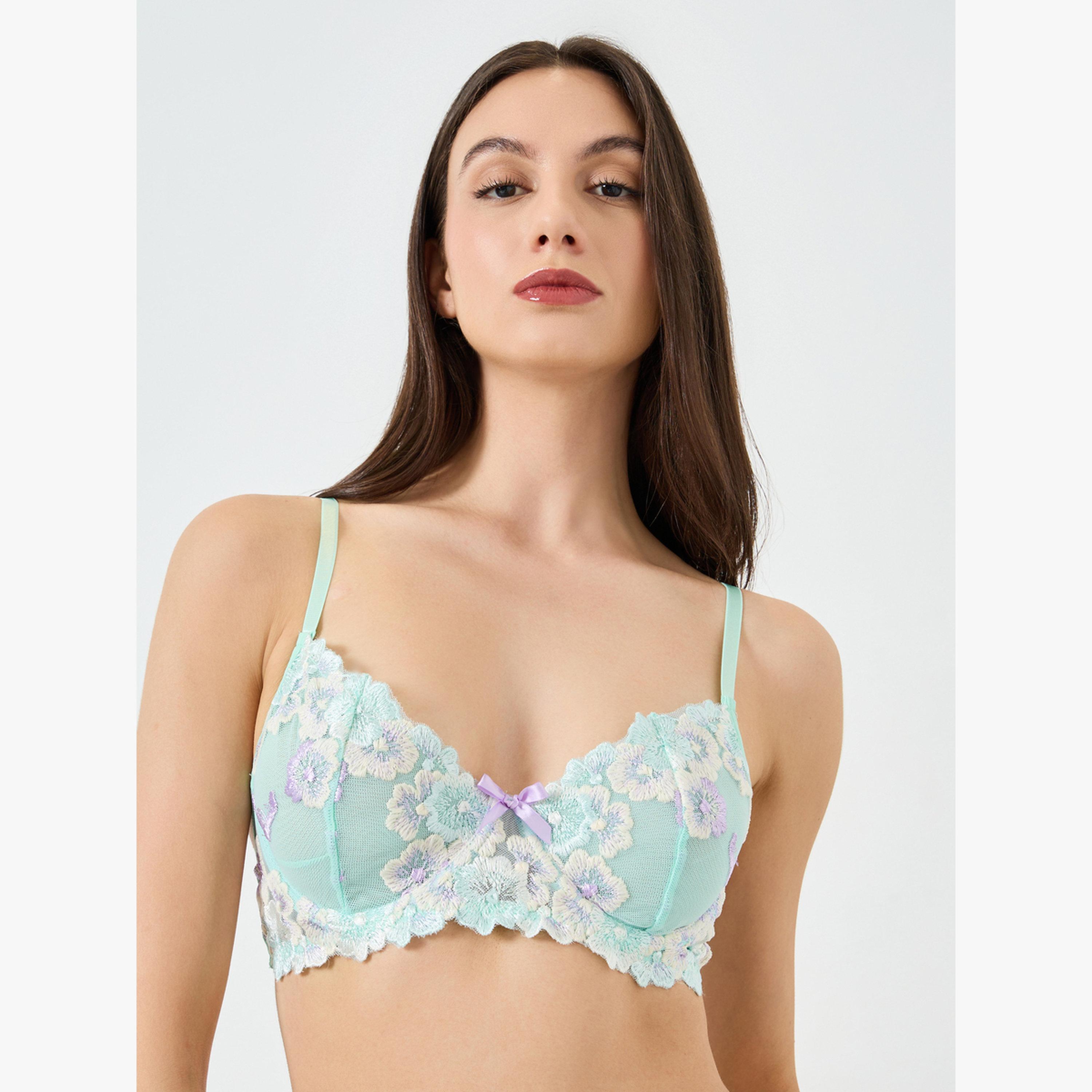 Take Two Green Floral Embroidered Padded Wired Bra With Brief-women-clothing-lingerie-lingeriesets-image-2