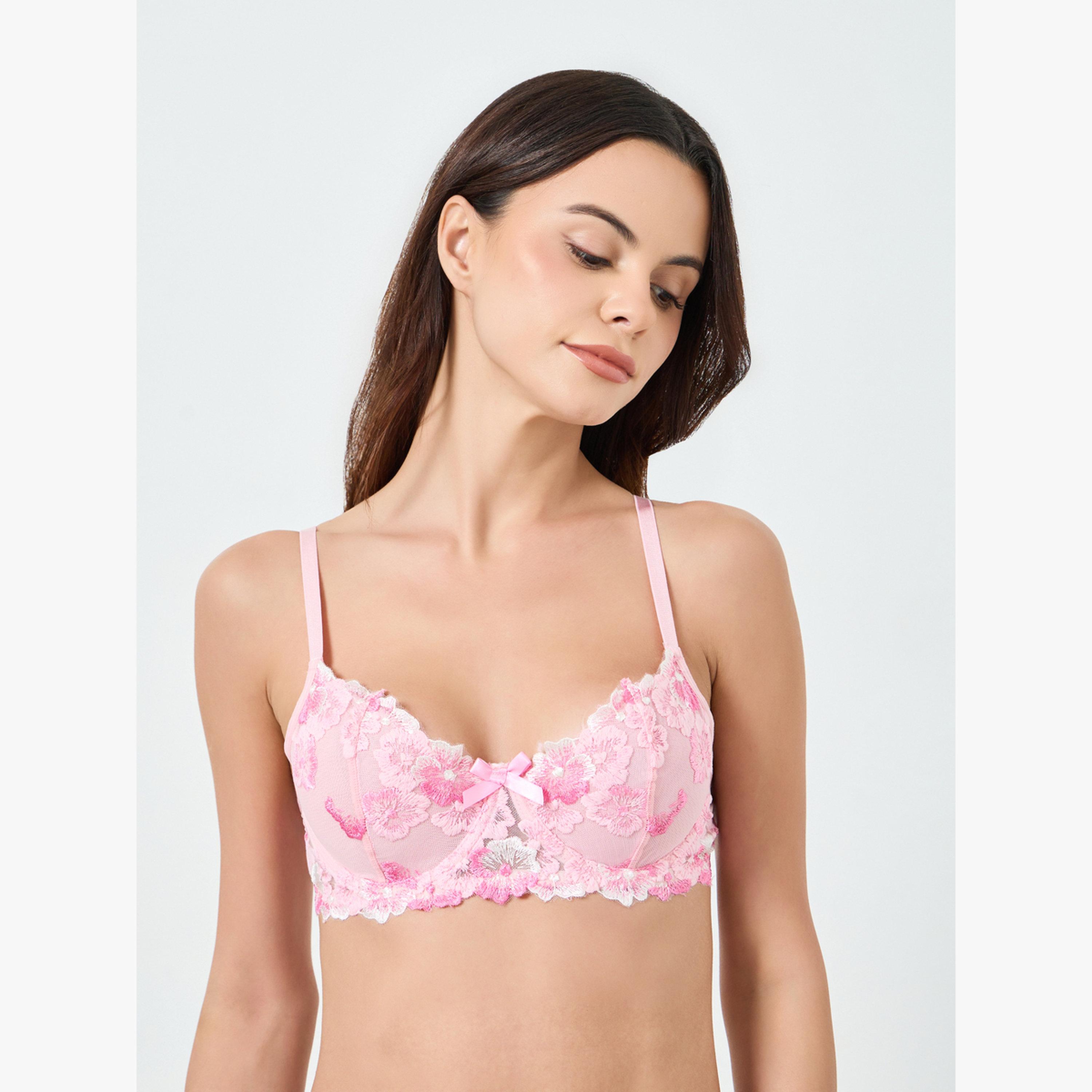 Take Two Pink Floral Embroidered Padded Wired Bra With Brief-women-clothing-lingerie-lingeriesets-image-2