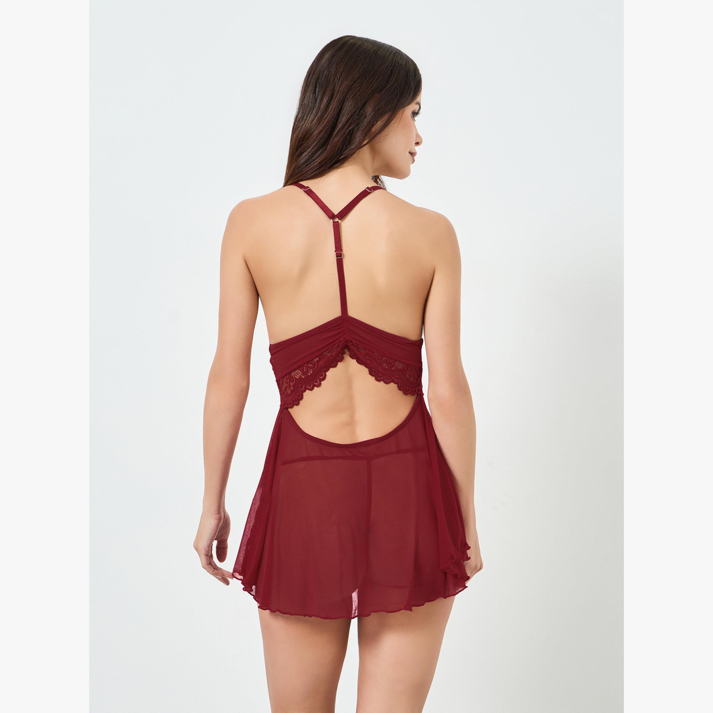 مجموعة من بيبي دول شبكي بتفاصيل دانتيل وسروال داخلي-women-clothing-lingerie-lingeriesets-image-2