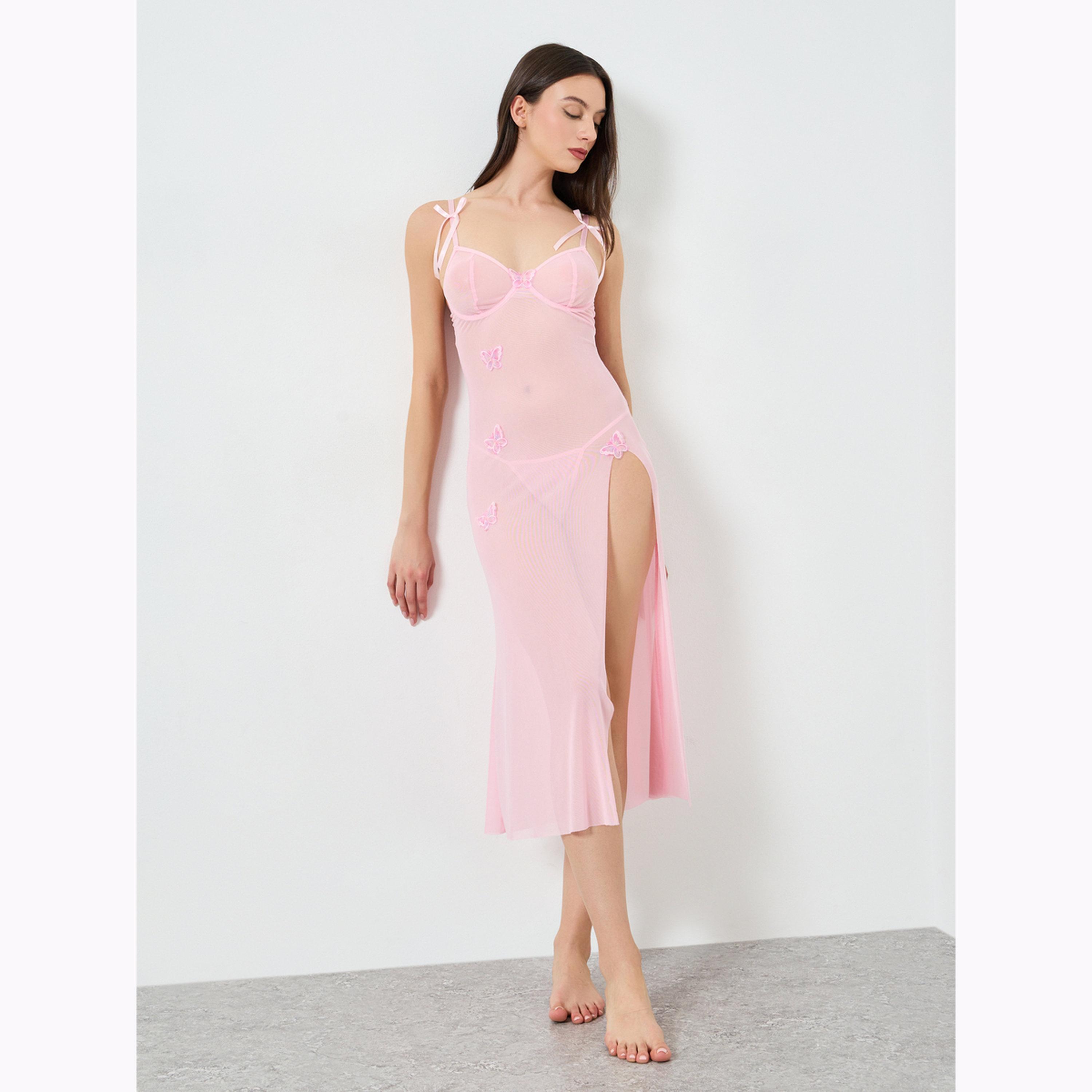 بيبي دول شبكي وردي برقعة فراشة وفتحة جانبية مع كيلوت-women-clothing-lingerie-babydollsandbodysuits-image-1