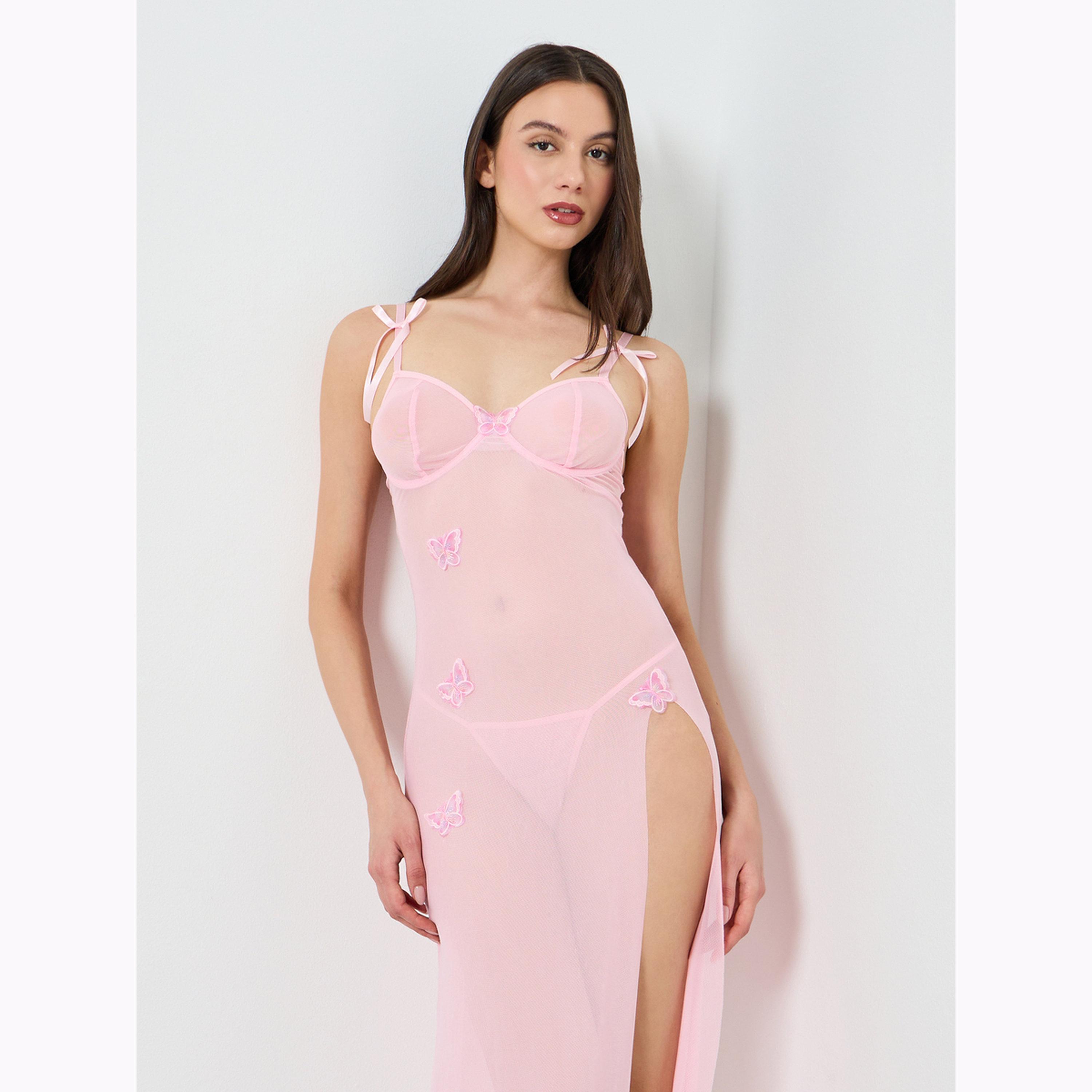 بيبي دول شبكي وردي برقعة فراشة وفتحة جانبية مع كيلوت-women-clothing-lingerie-babydollsandbodysuits-image-2