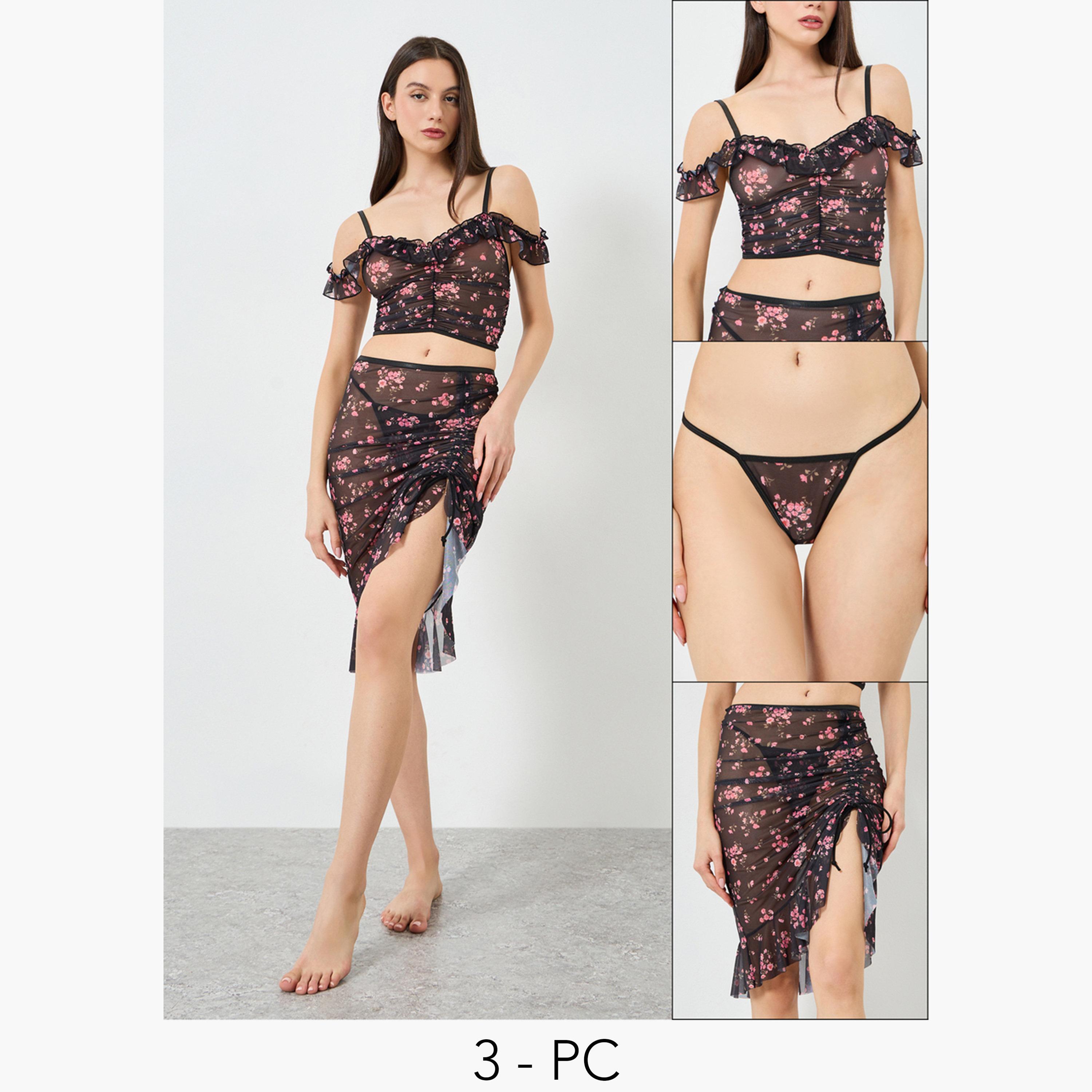 طقم بلوزة طويلة وتنورة مع ثونغ بطبعة زهور-women-clothing-lingerie-lingeriesets-image-1