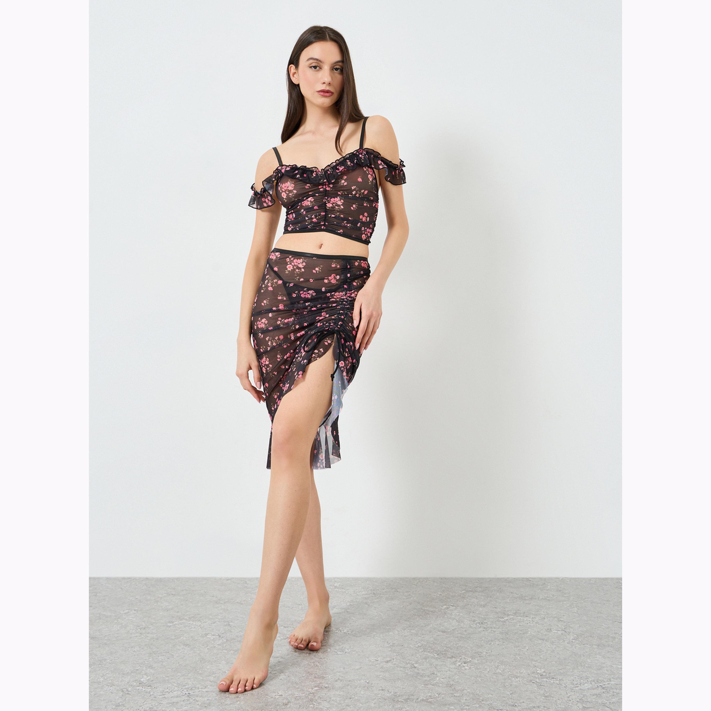 طقم بلوزة طويلة وتنورة مع ثونغ بطبعة زهور-women-clothing-lingerie-lingeriesets-image-2