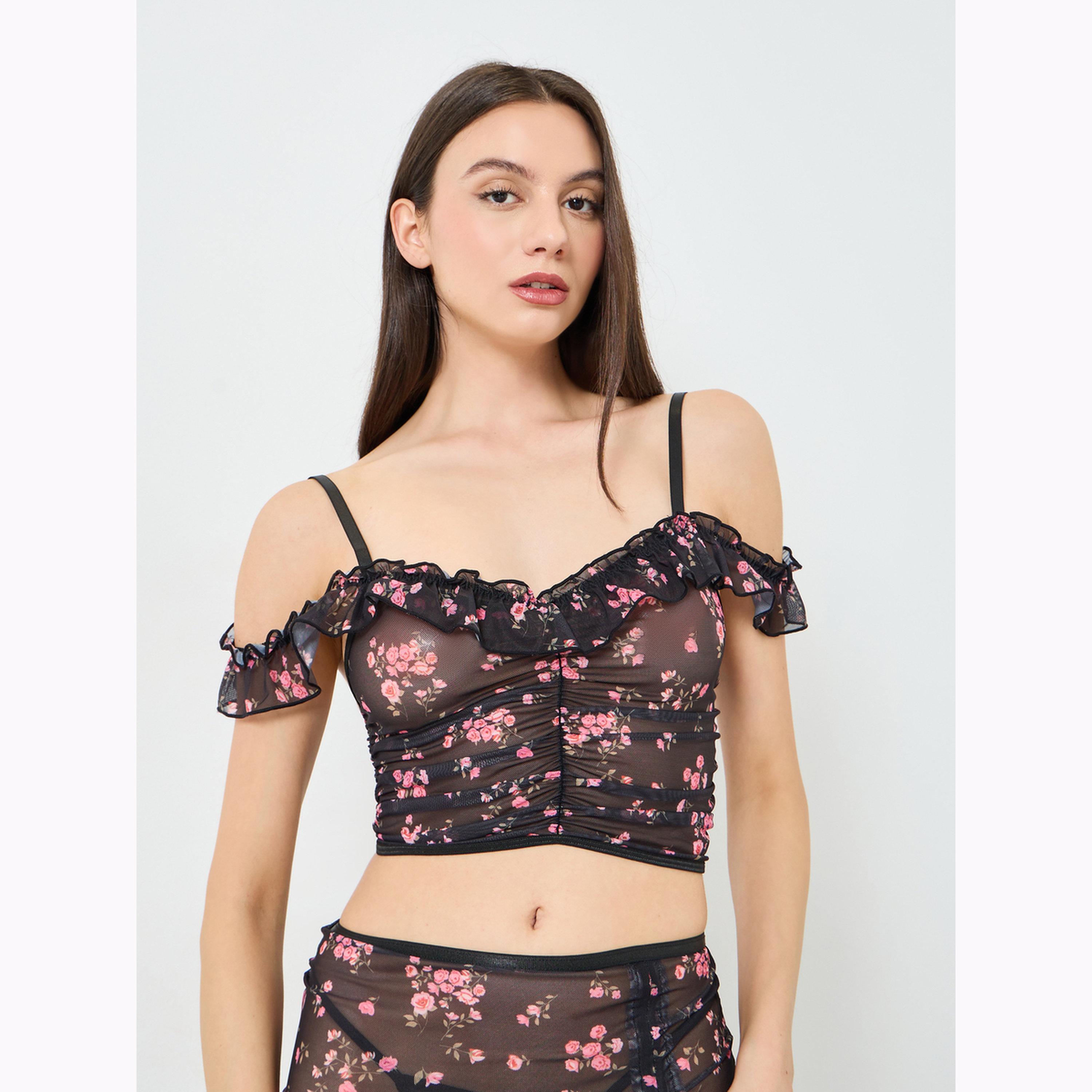 طقم بلوزة طويلة وتنورة مع ثونغ بطبعة زهور-women-clothing-lingerie-lingeriesets-image-3